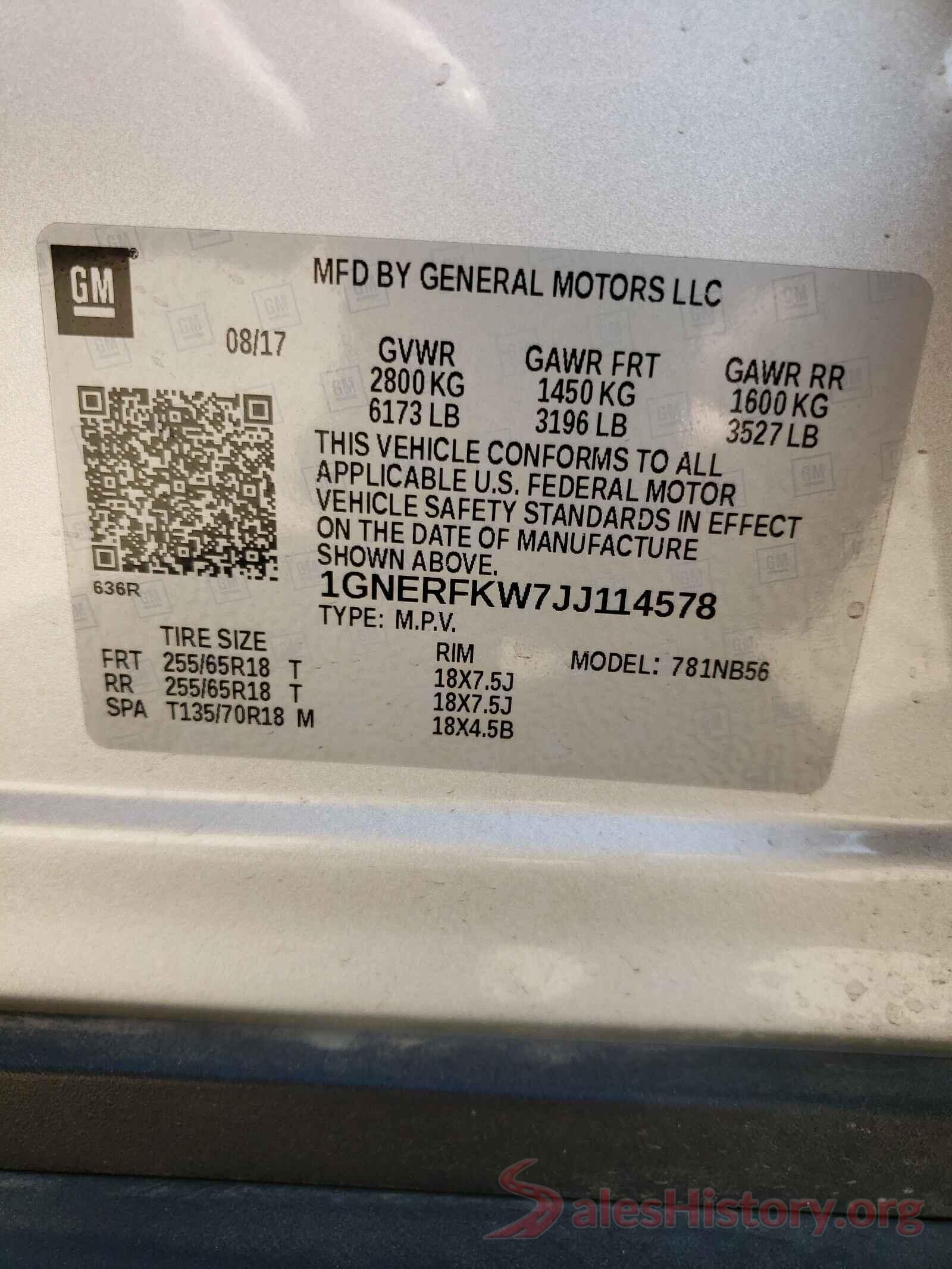 1GNERFKW7JJ114578 2018 CHEVROLET TRAVERSE