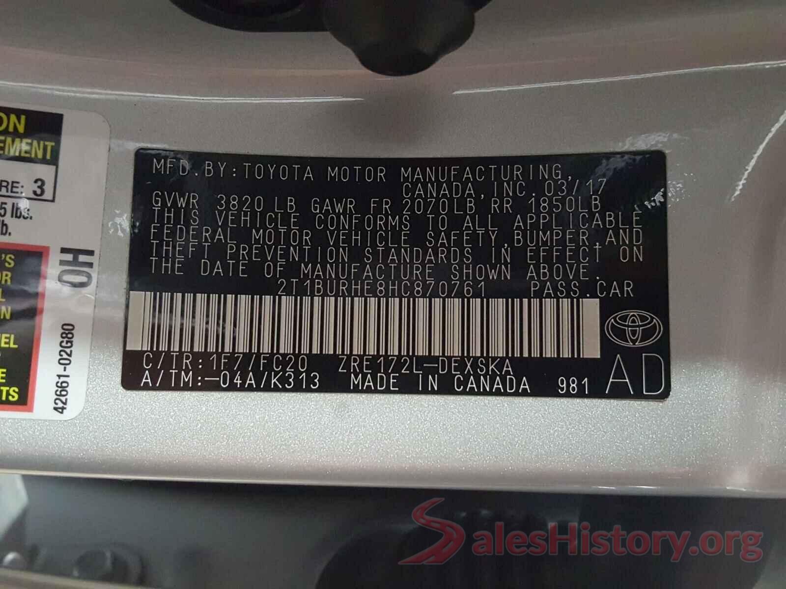 2T1BURHE8HC870761 2017 TOYOTA COROLLA