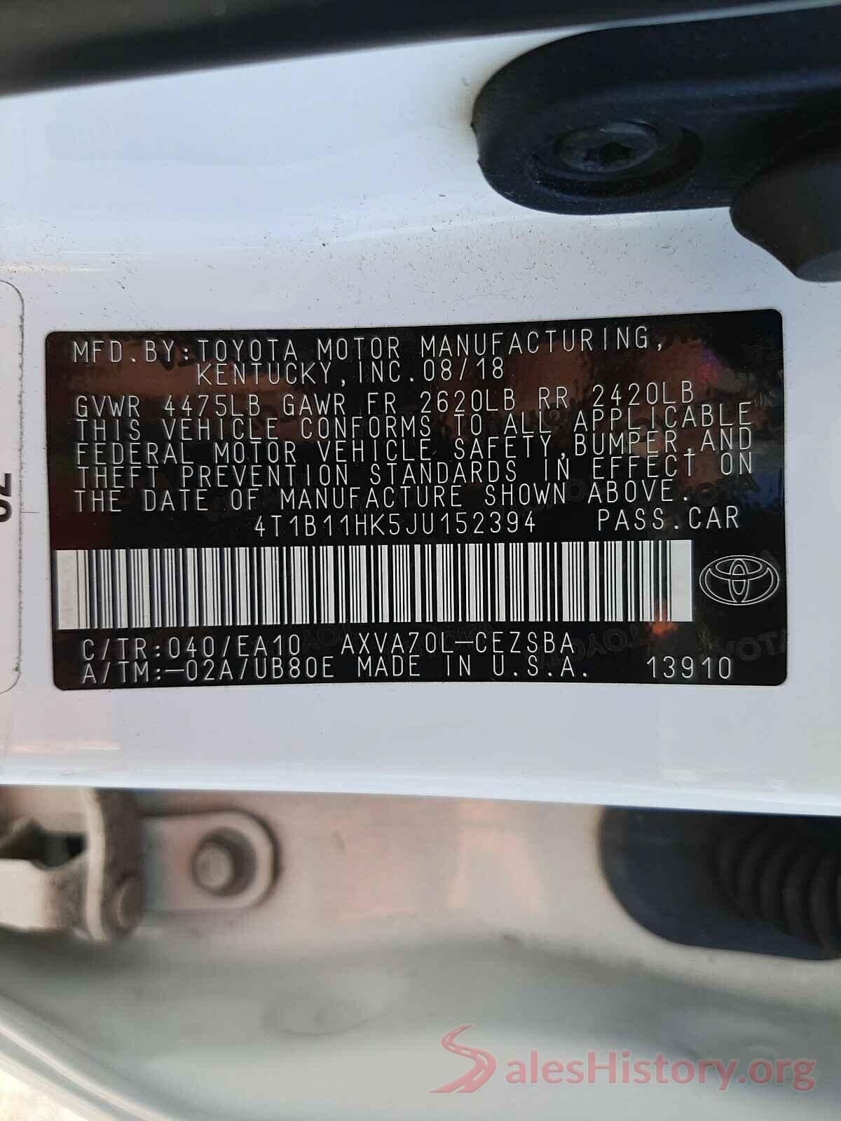 4T1B11HK5JU152394 2018 TOYOTA CAMRY