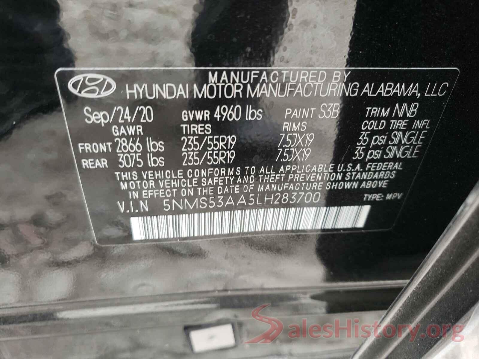 5NMS53AA5LH283700 2020 HYUNDAI SANTA FE