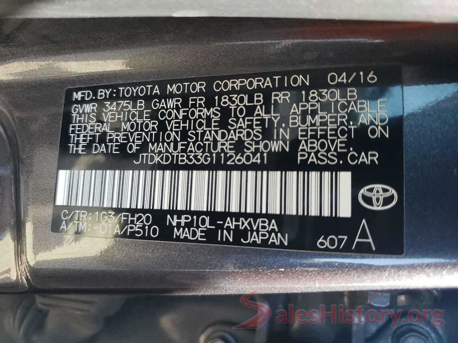 JTDKDTB33G1126041 2016 TOYOTA PRIUS