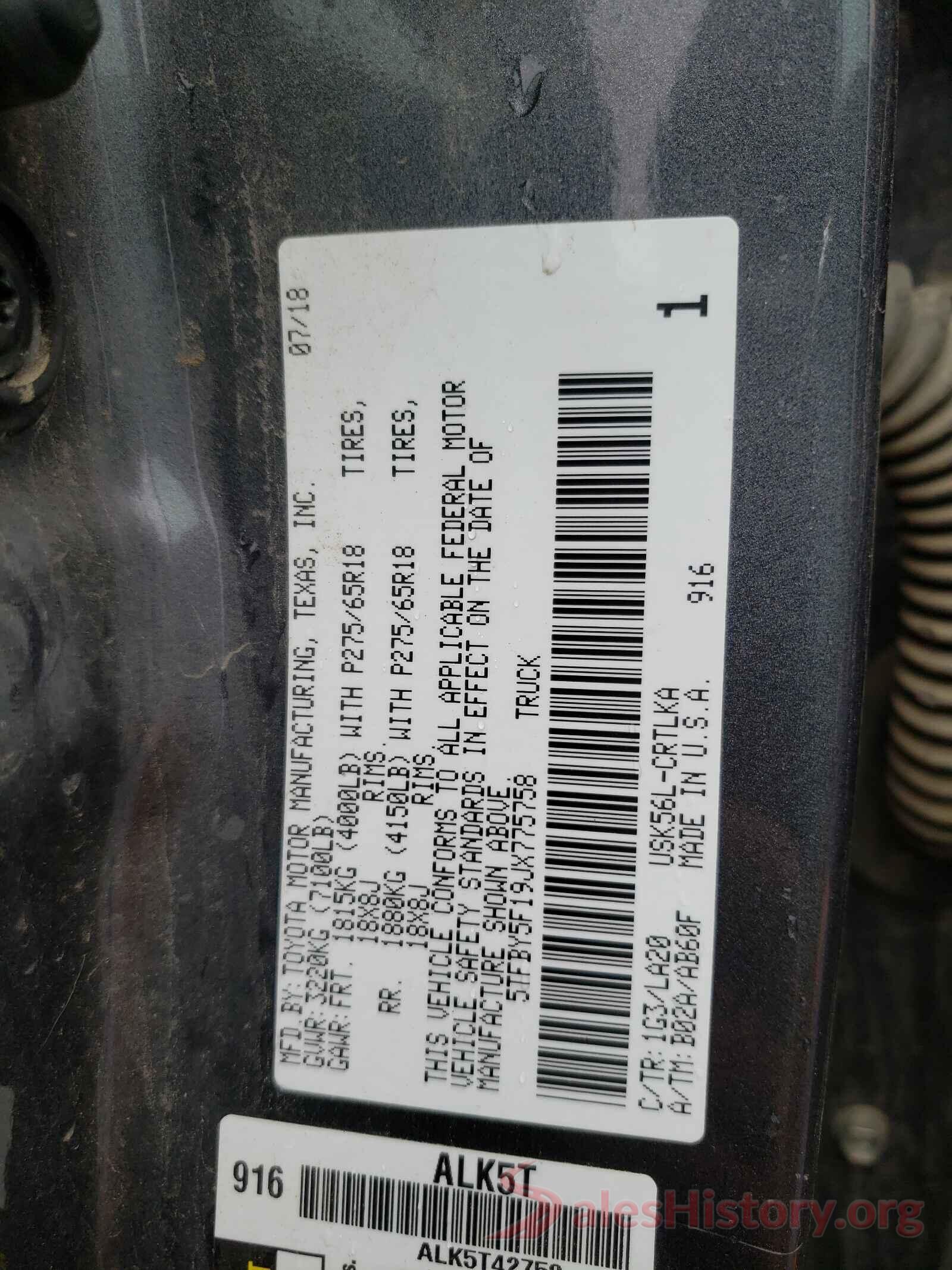 5TFBY5F19JX775758 2018 TOYOTA TUNDRA