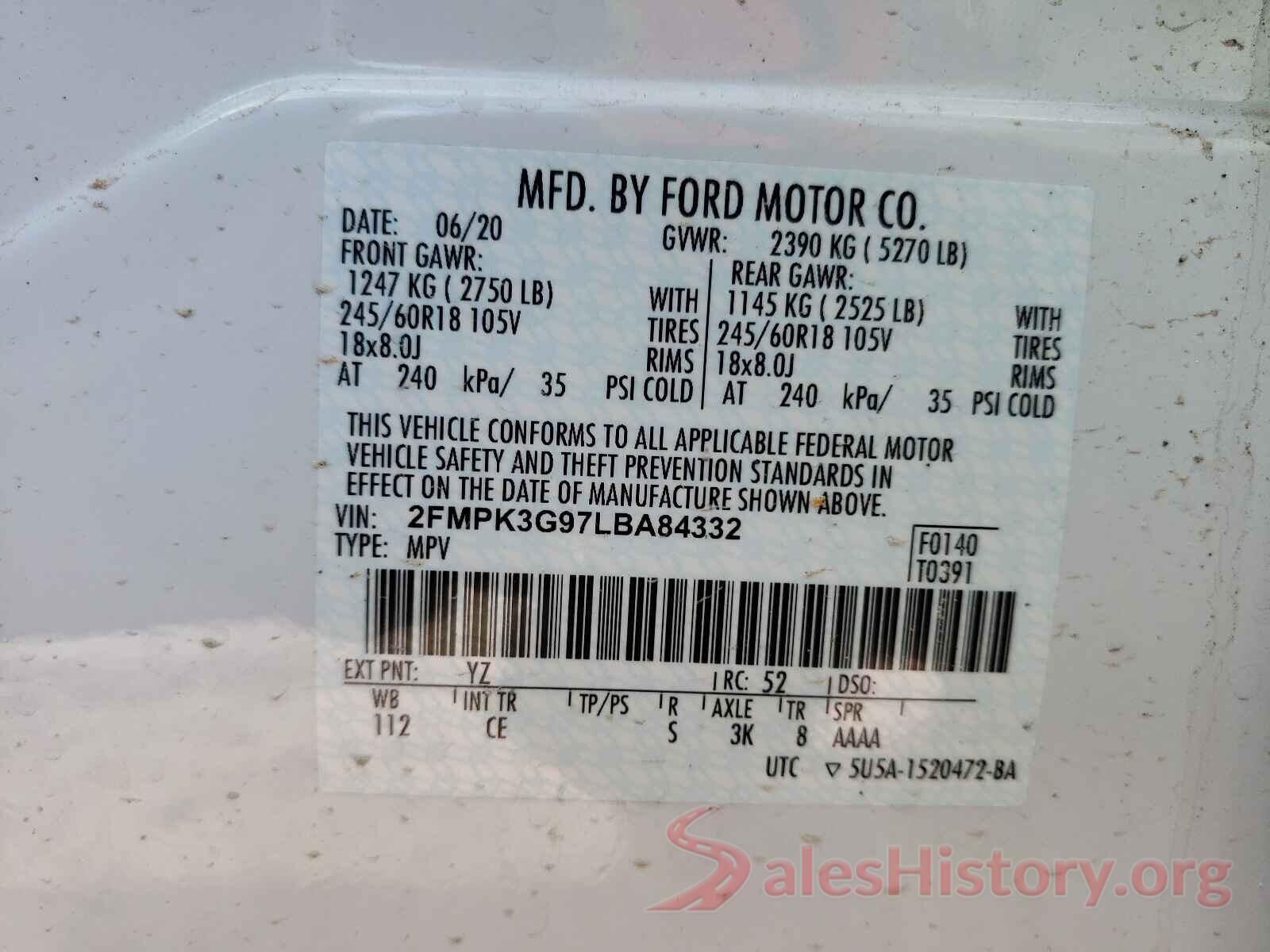 2FMPK3G97LBA84332 2020 FORD EDGE