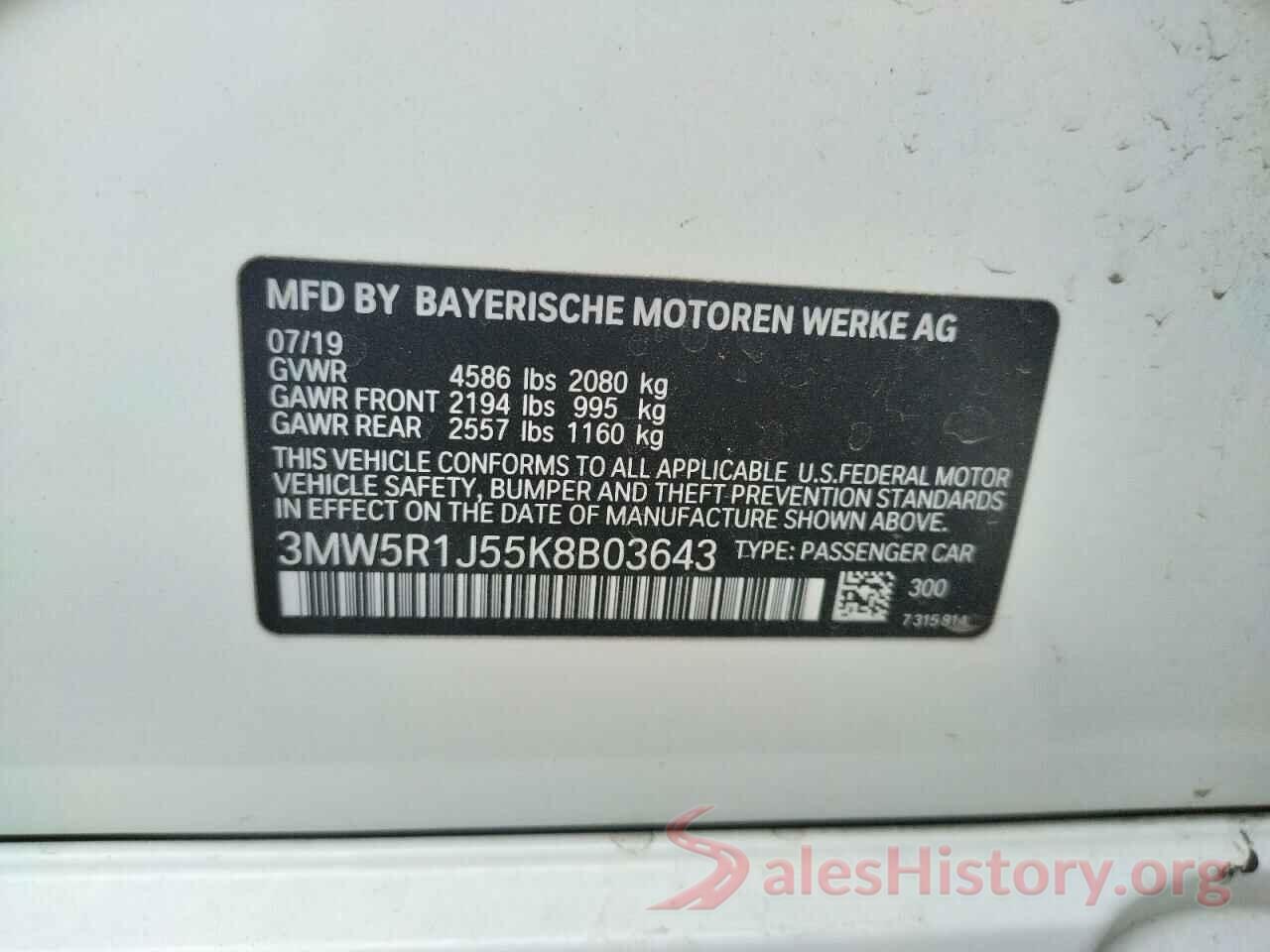 3MW5R1J55K8B03643 2019 BMW 3 SERIES