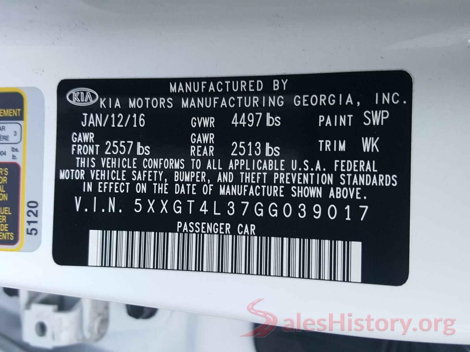 5XXGT4L37GG039017 2016 KIA OPTIMA