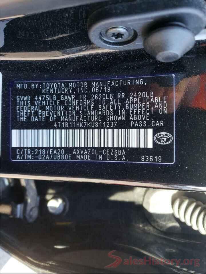 4T1B11HK7KU811237 2019 TOYOTA CAMRY