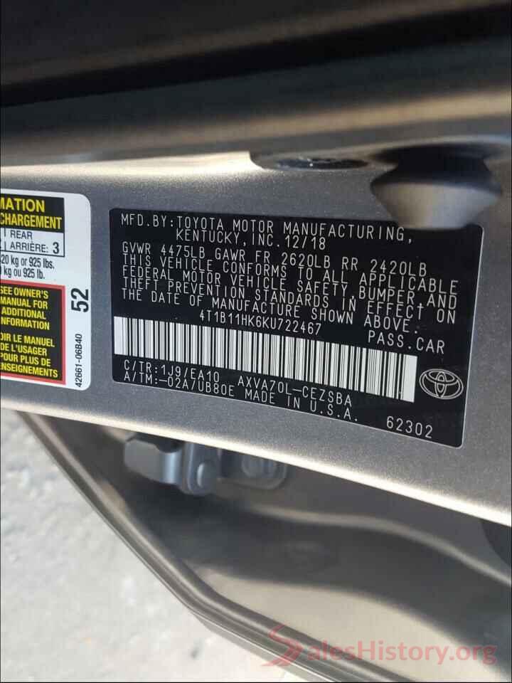 4T1B11HK6KU722467 2019 TOYOTA CAMRY