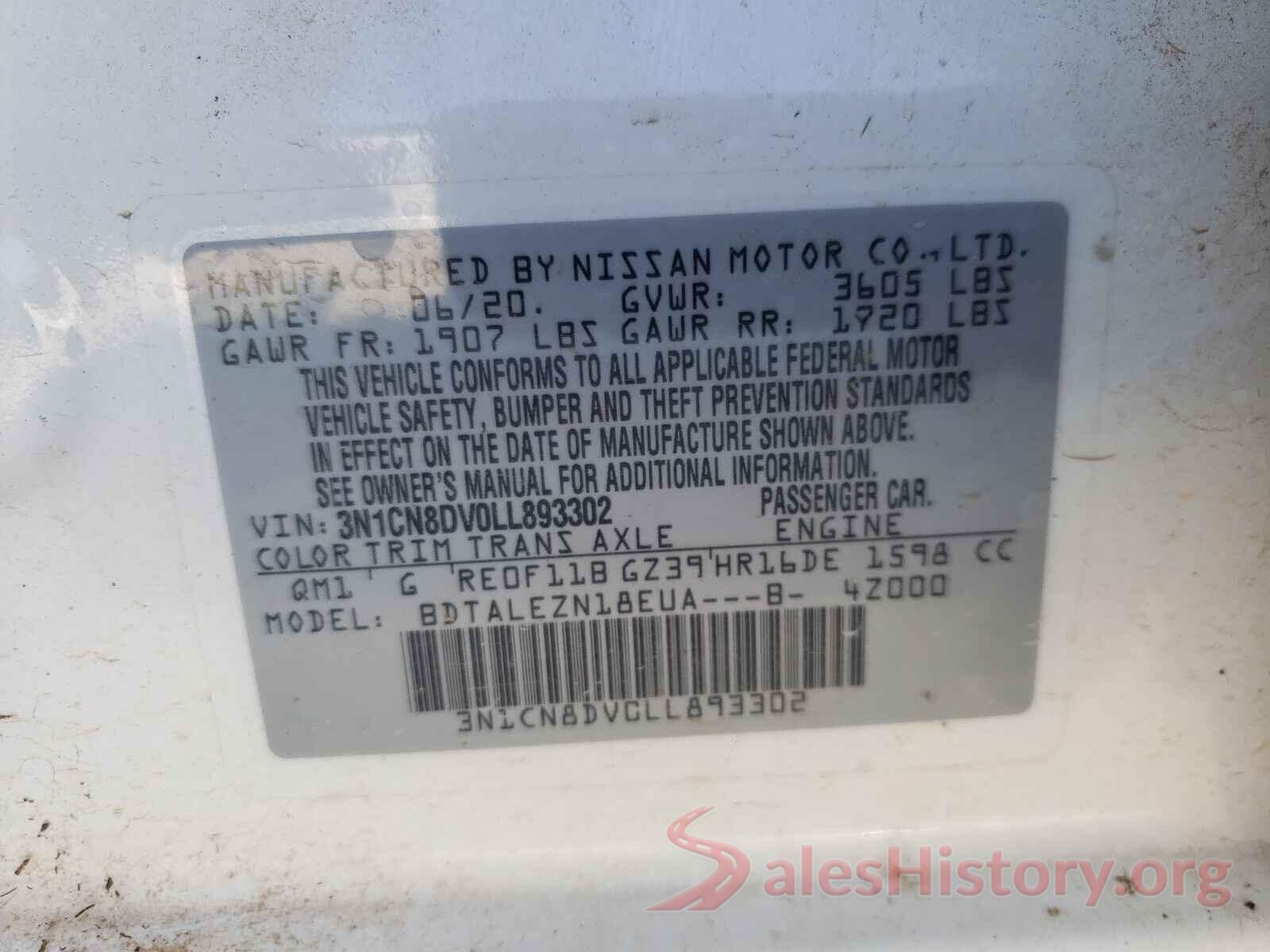 3N1CN8DV0LL893302 2020 NISSAN VERSA