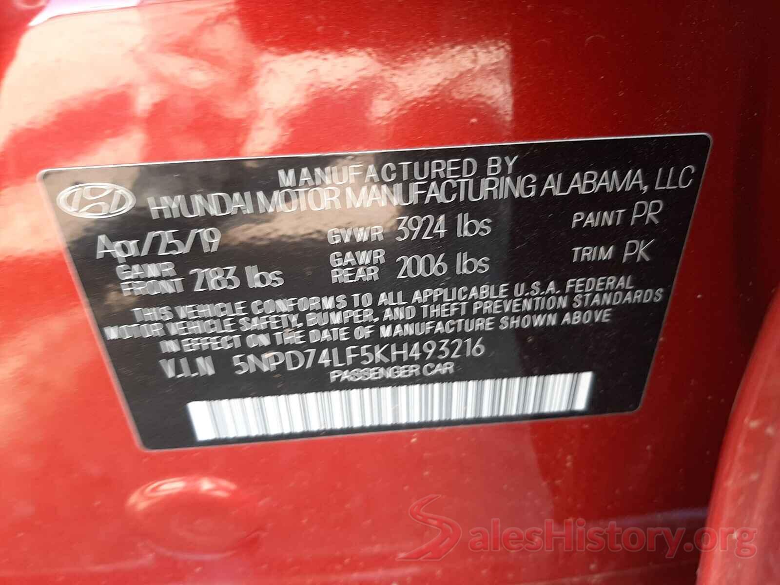 5NPD74LF5KH493216 2019 HYUNDAI ELANTRA