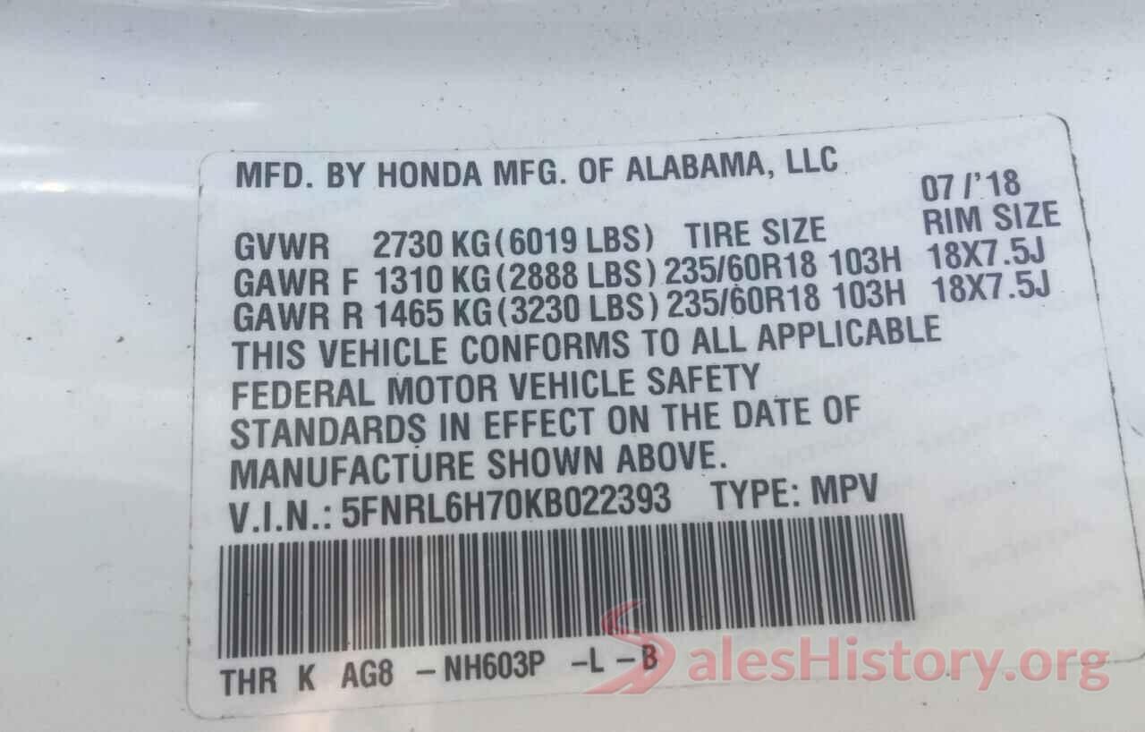 5FNRL6H70KB022393 2019 HONDA ODYSSEY