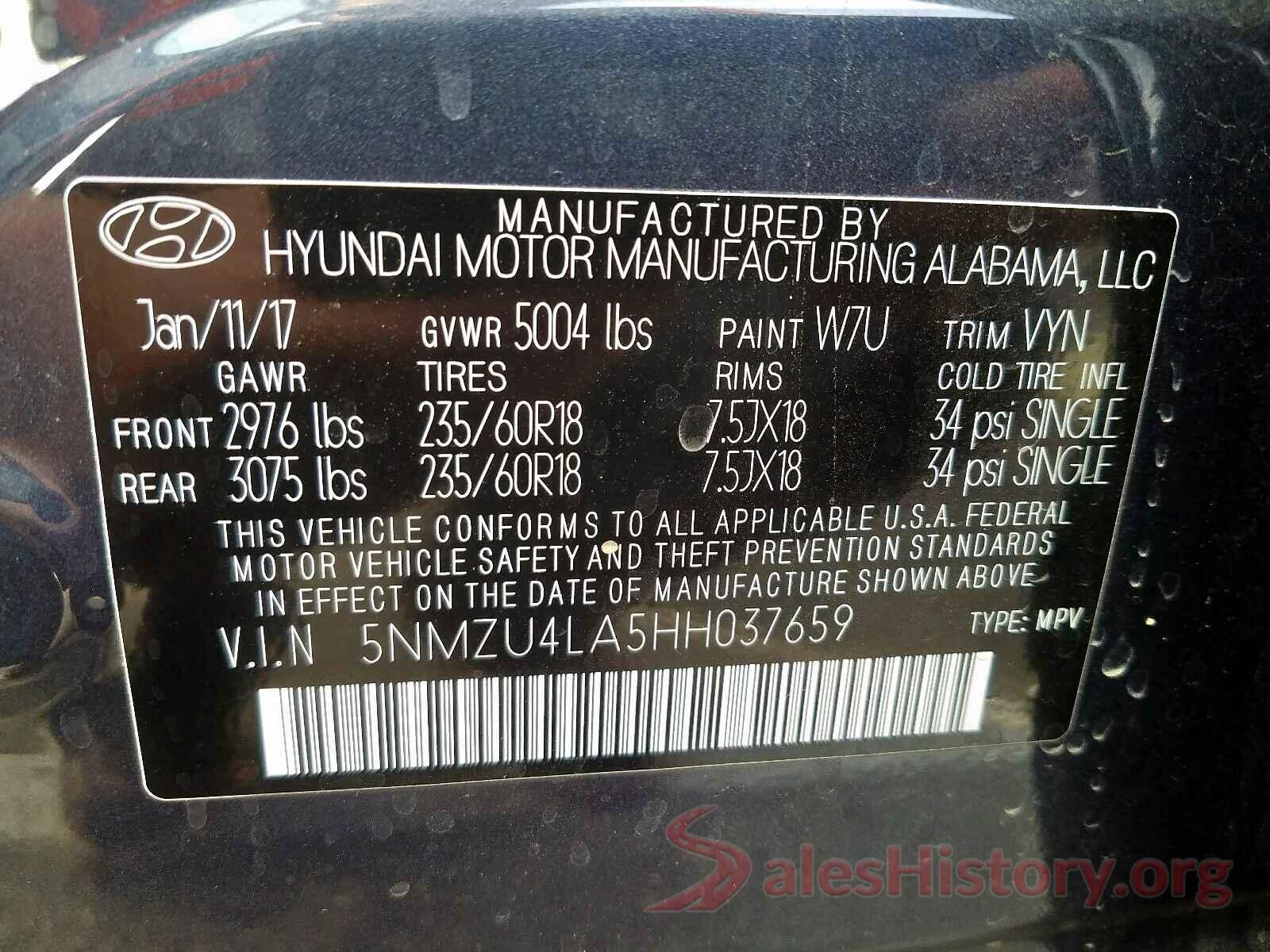 5NMZU4LA5HH037659 2017 HYUNDAI SANTA FE S