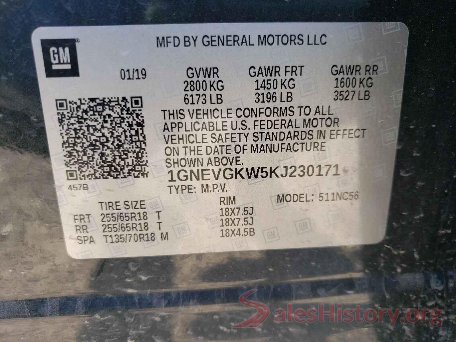 1GNEVGKW5KJ230171 2019 CHEVROLET TRAVERSE