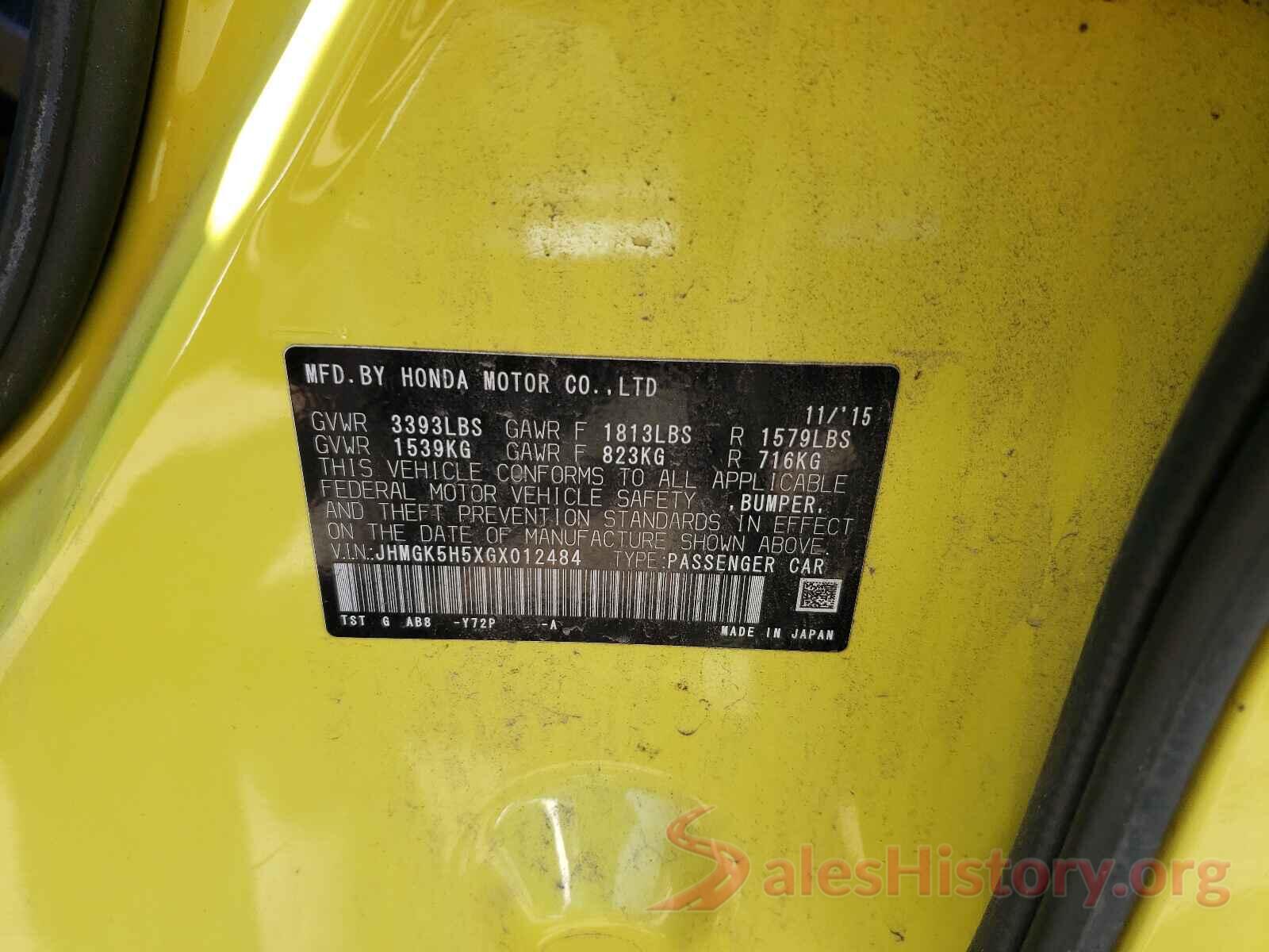 JHMGK5H5XGX012484 2016 HONDA FIT