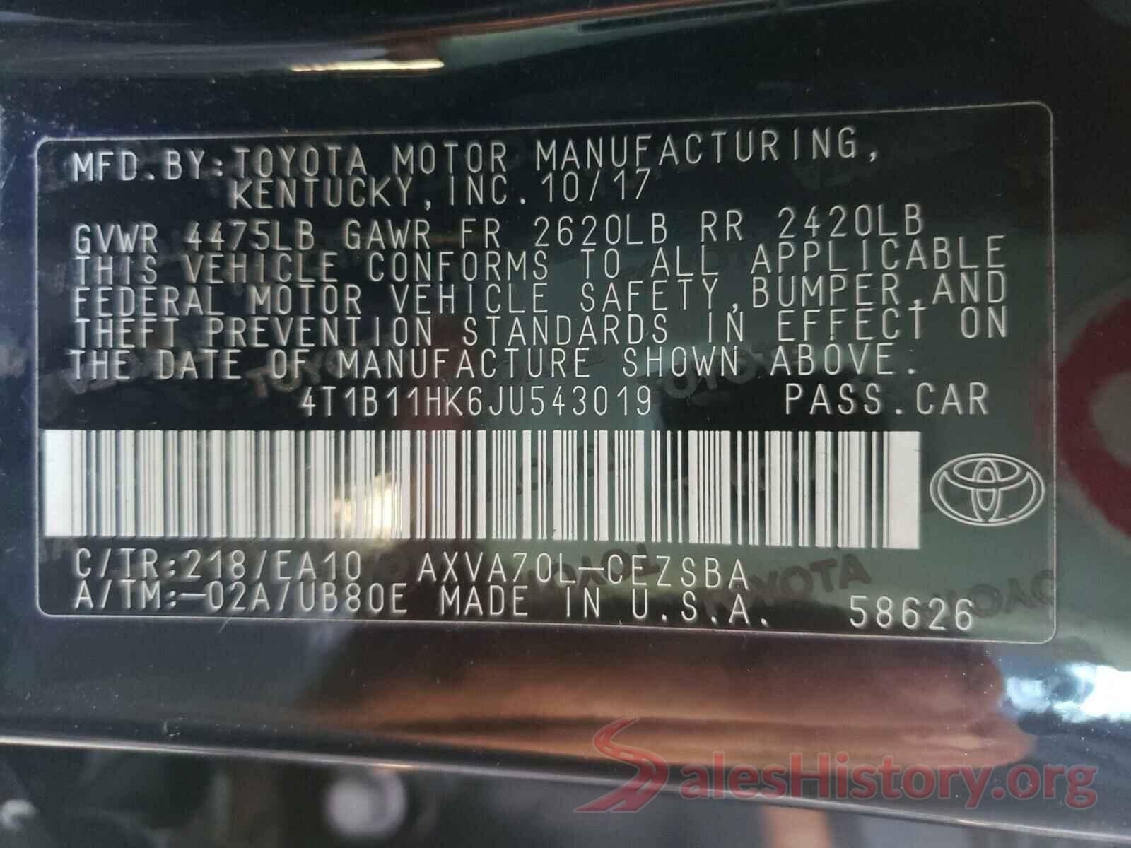 4T1B11HK6JU543019 2018 TOYOTA CAMRY