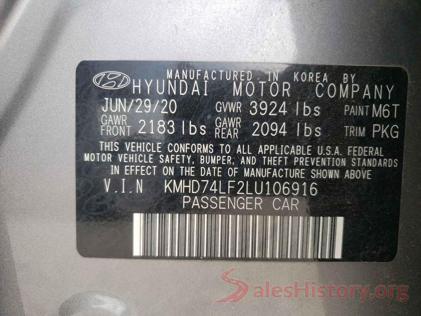 KMHD74LF2LU106916 2020 HYUNDAI ELANTRA