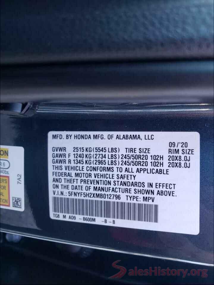 5FNYF5H2XMB012796 2021 HONDA PILOT