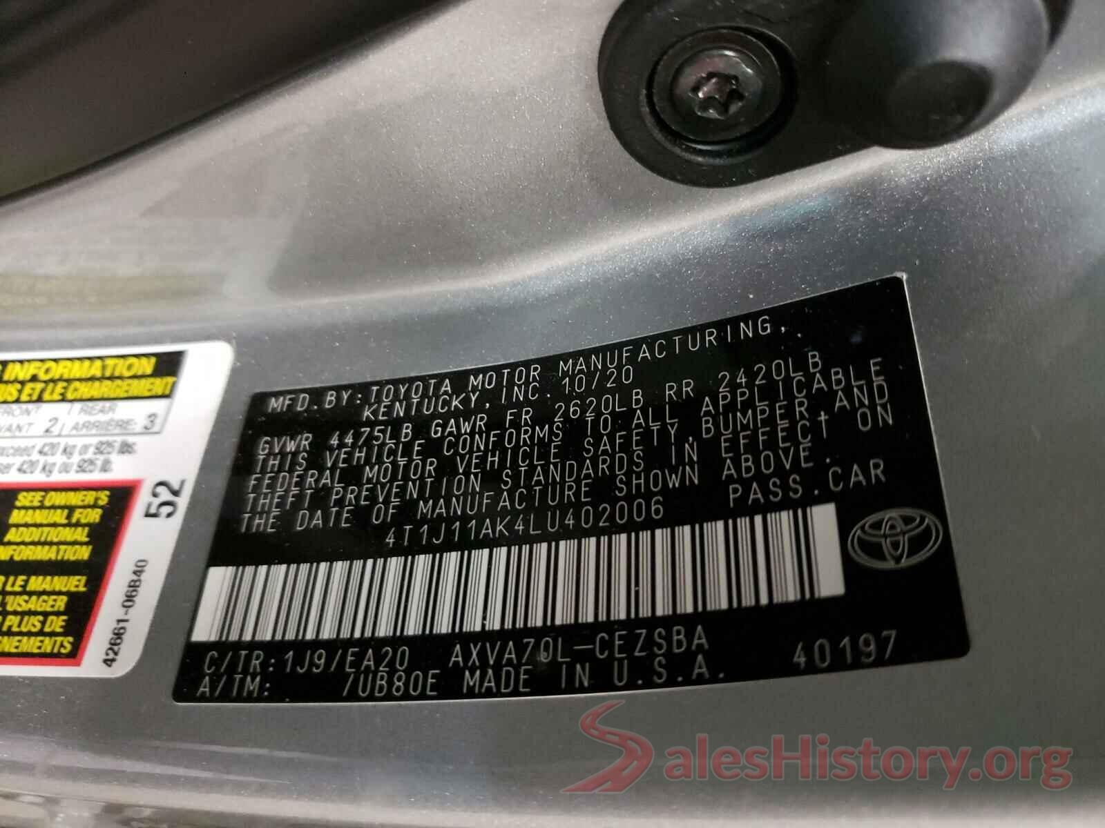 4T1J11AK4LU402006 2020 TOYOTA CAMRY