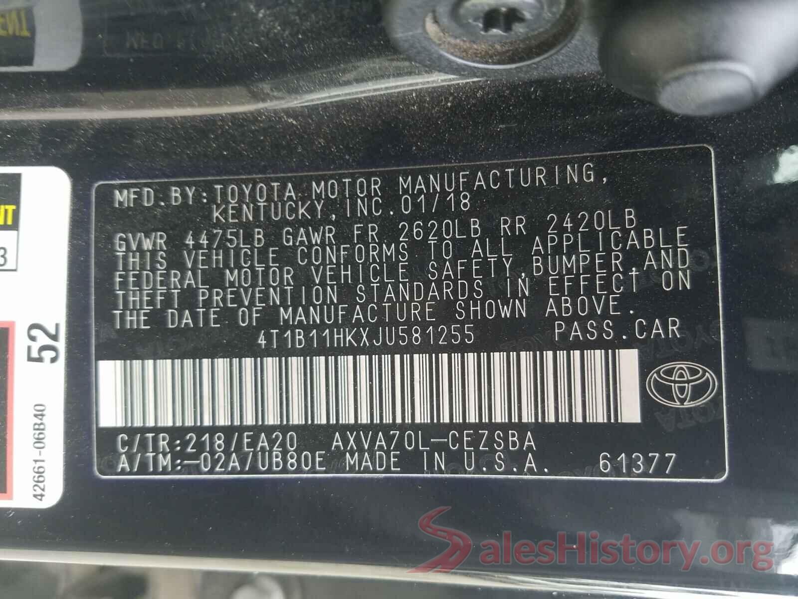 4T1B11HKXJU581255 2018 TOYOTA CAMRY