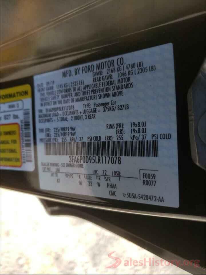 3FA6P0D95LR117078 2020 FORD FUSION