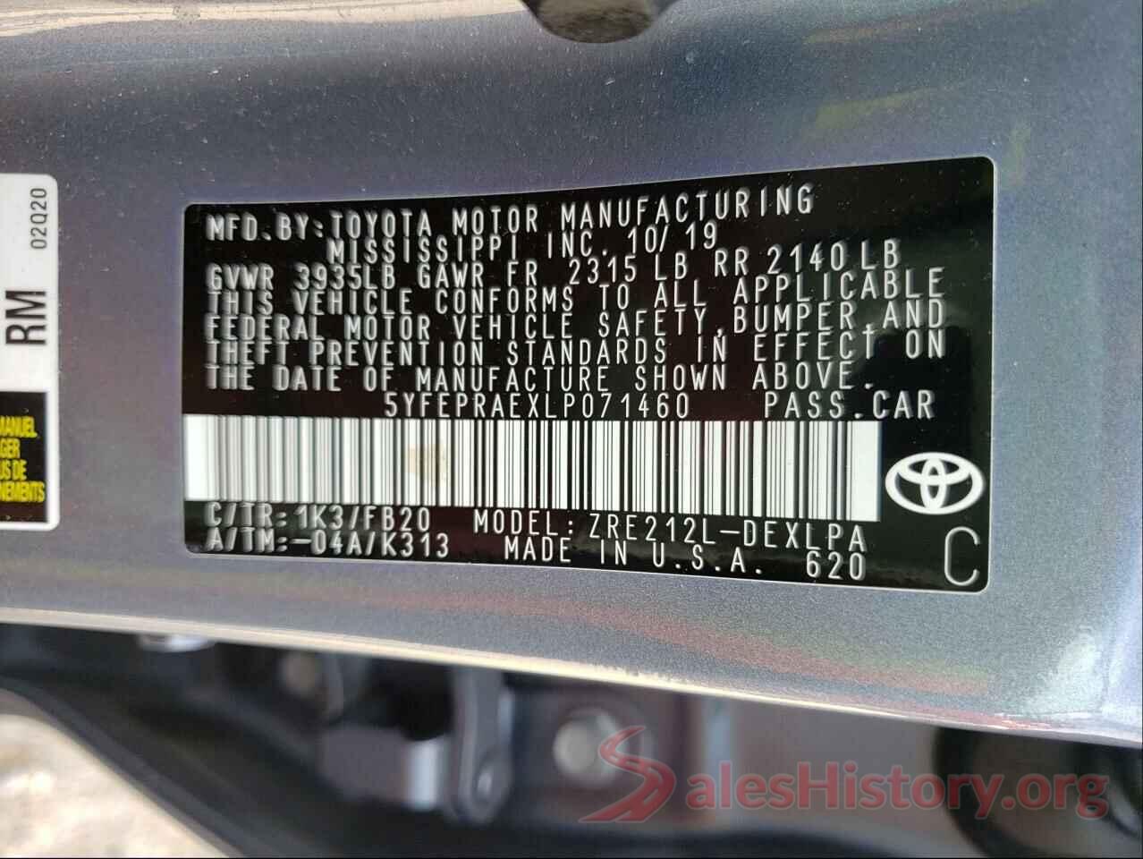 5YFEPRAEXLP071460 2020 TOYOTA COROLLA