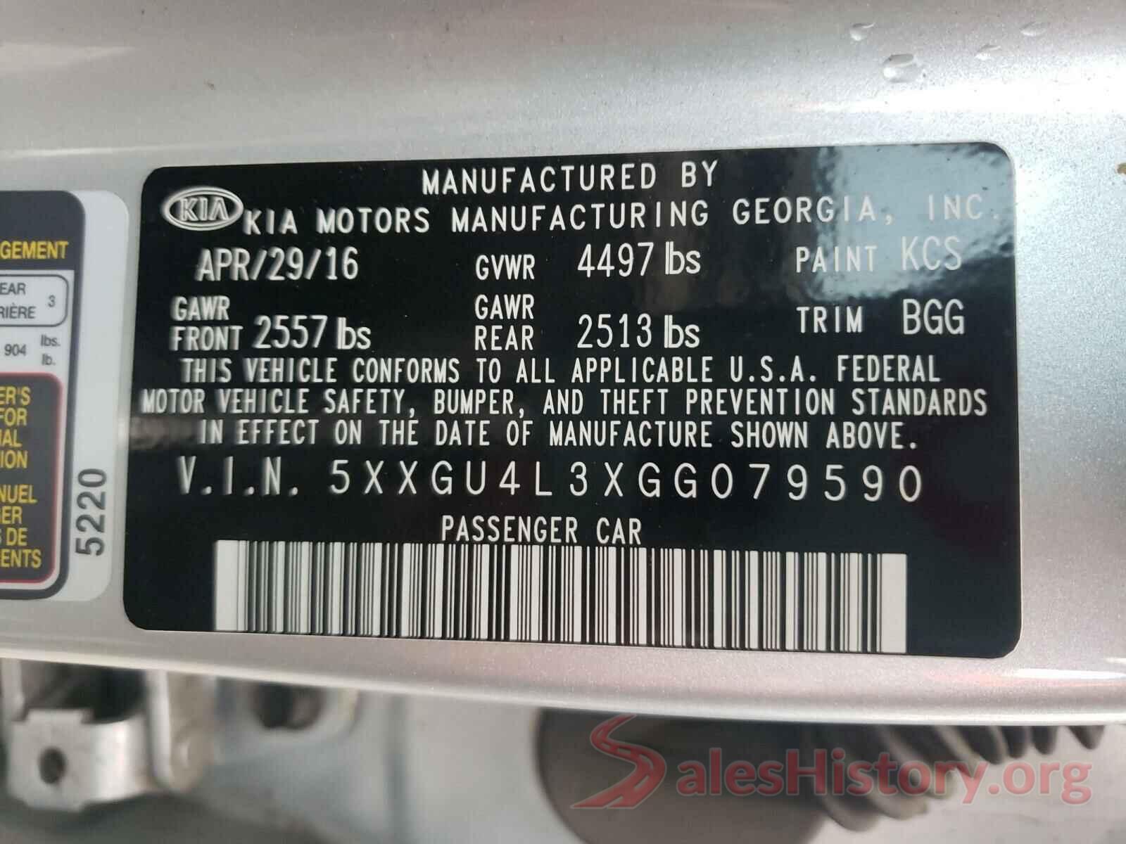 5XXGU4L3XGG079590 2016 KIA OPTIMA