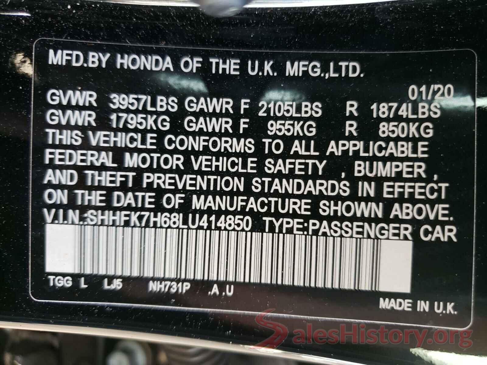 SHHFK7H68LU414850 2020 HONDA CIVIC