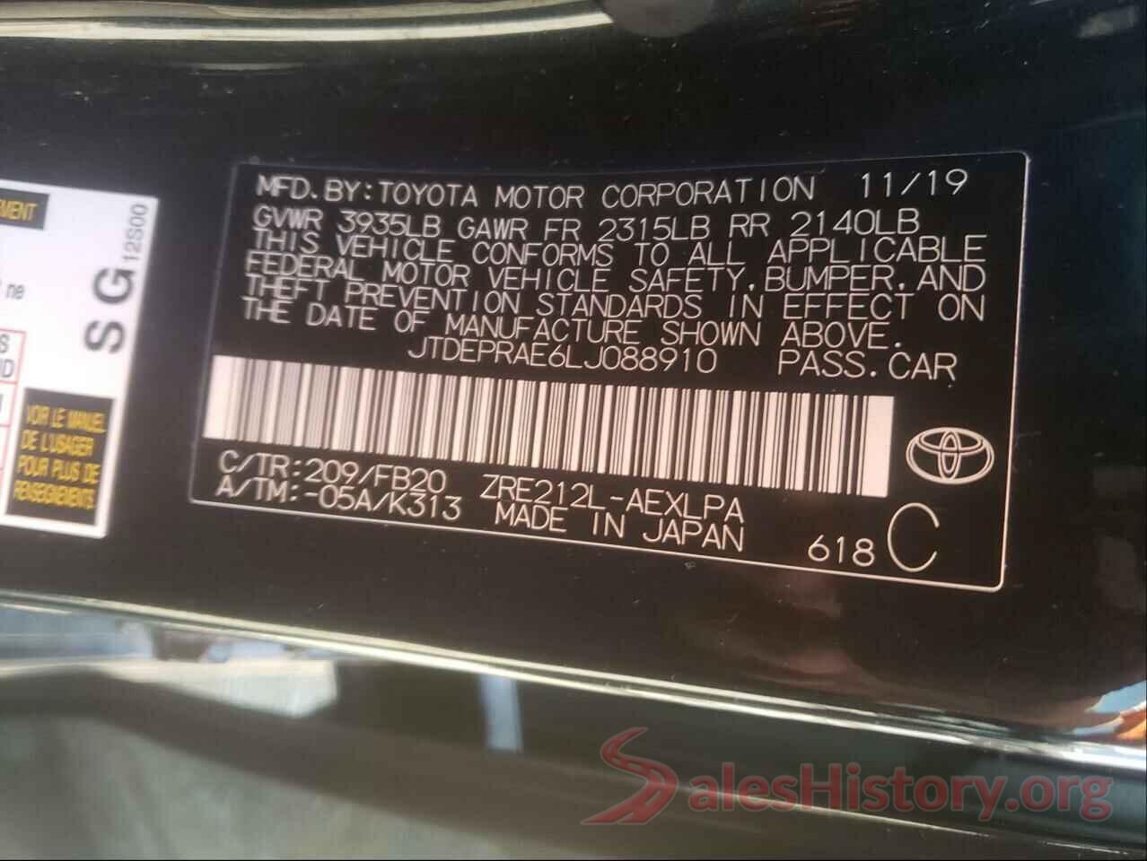 JTDEPRAE6LJ088910 2020 TOYOTA COROLLA