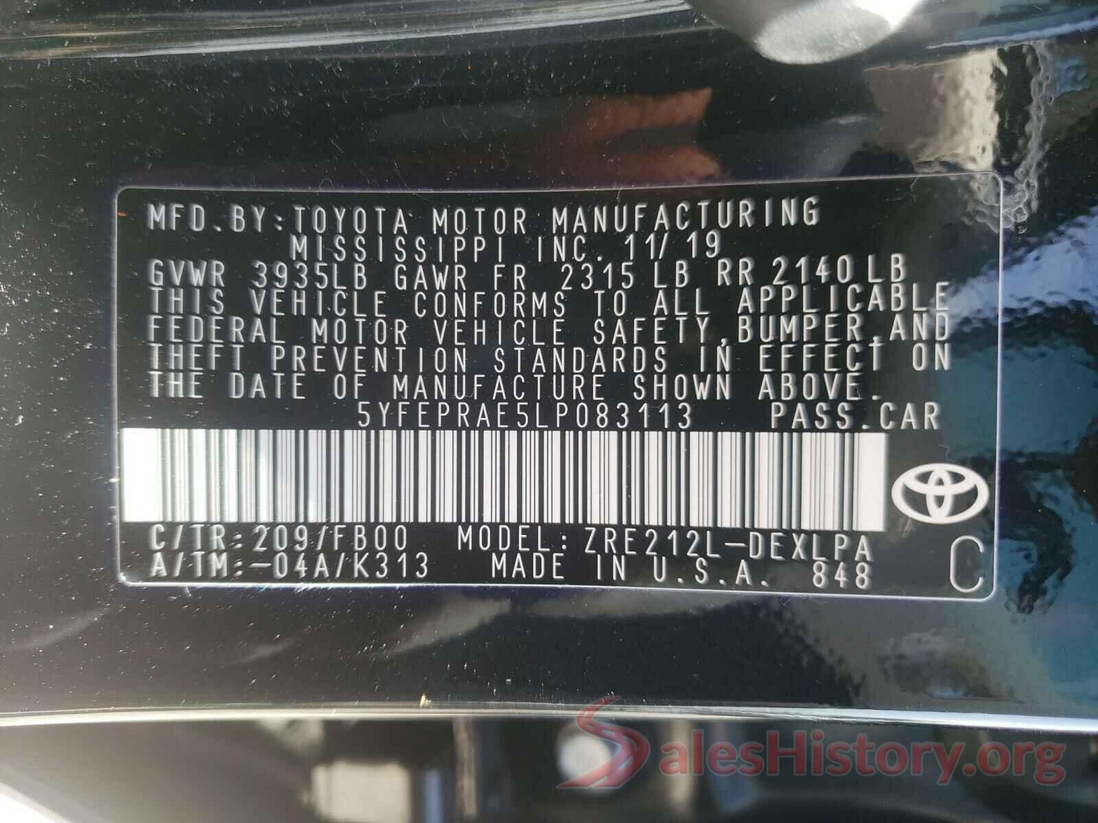 5YFEPRAE5LP083113 2020 TOYOTA COROLLA