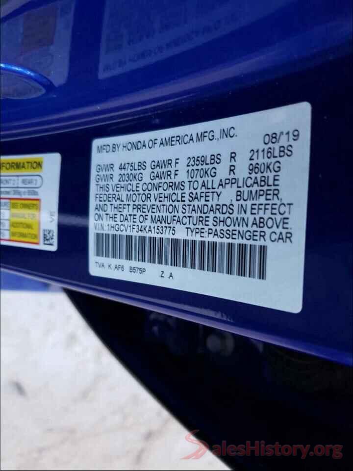 1HGCV1F34KA153775 2019 HONDA ACCORD