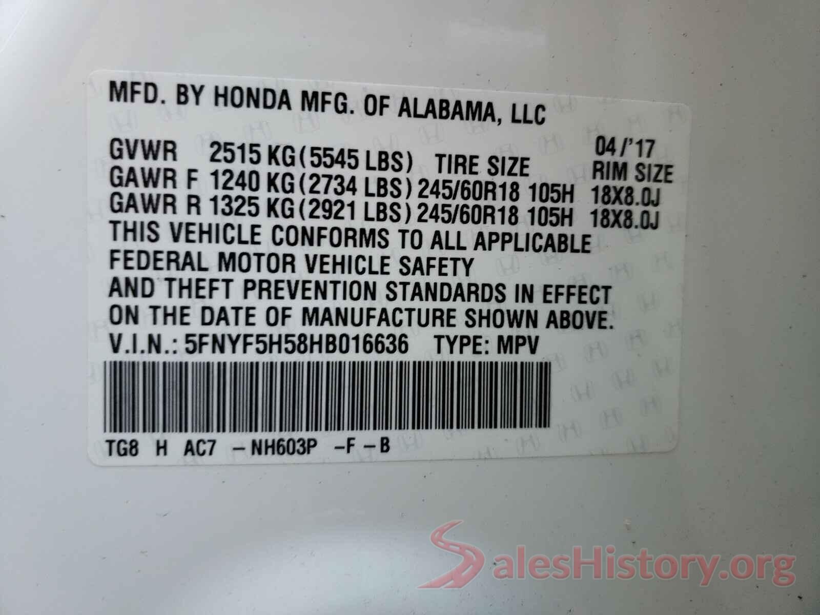 5FNYF5H58HB016636 2017 HONDA PILOT