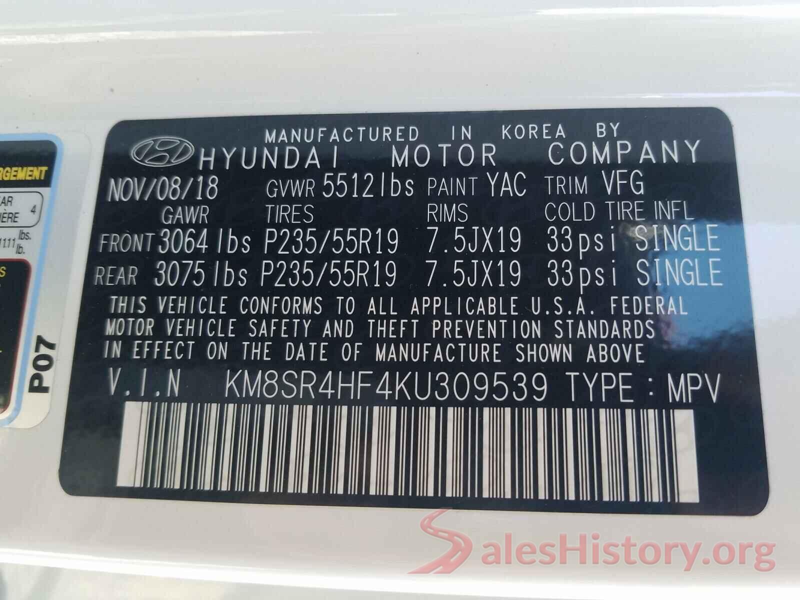 KM8SR4HF4KU309539 2019 HYUNDAI SANTA FE