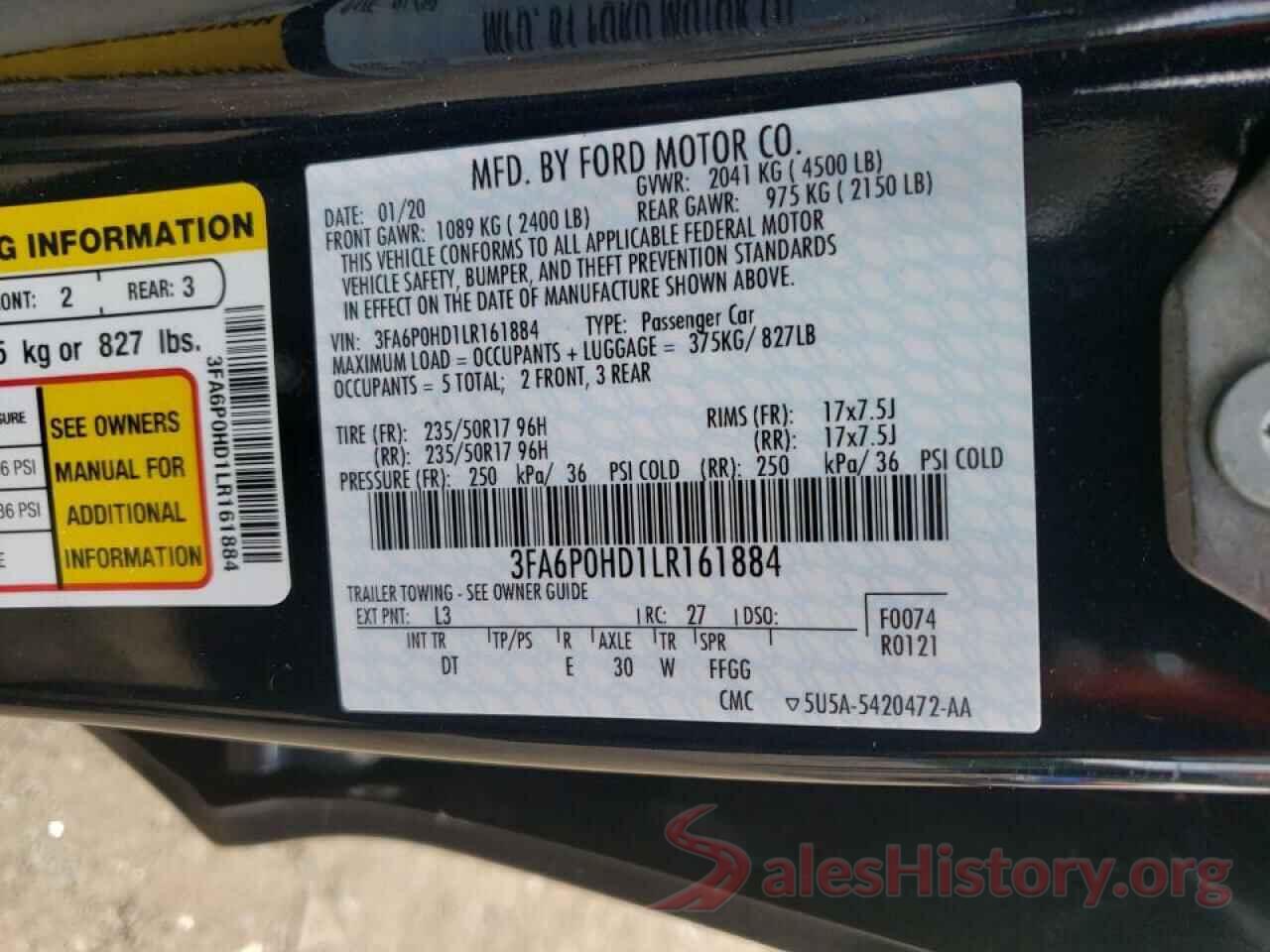 3FA6P0HD1LR161884 2020 FORD FUSION