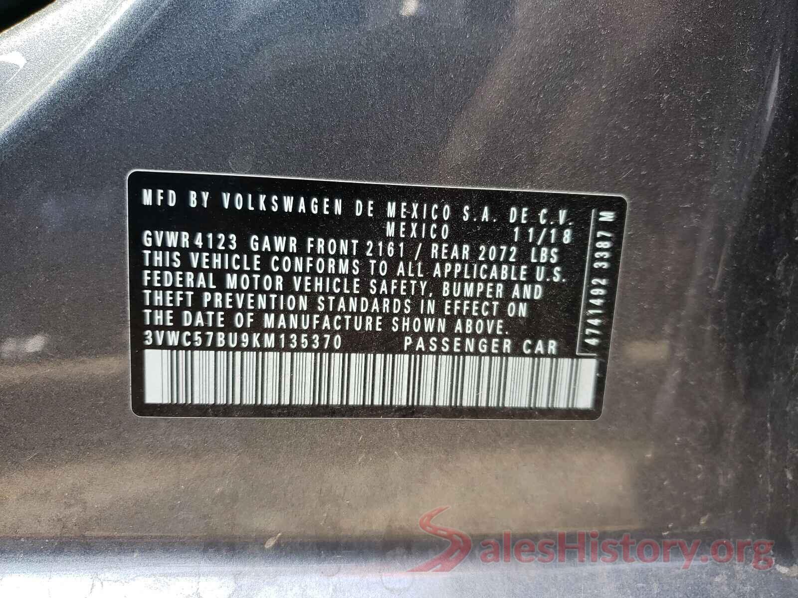 3VWC57BU9KM135370 2019 VOLKSWAGEN JETTA