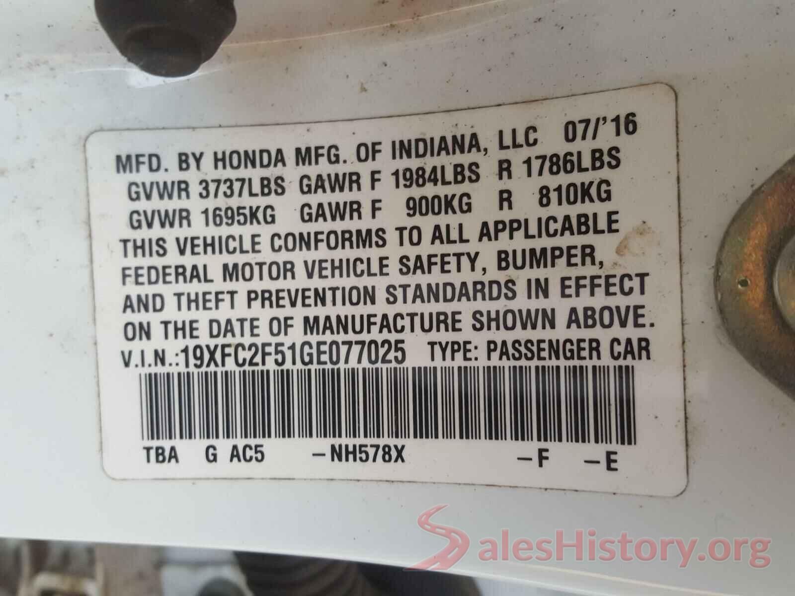 19XFC2F51GE077025 2016 HONDA CIVIC