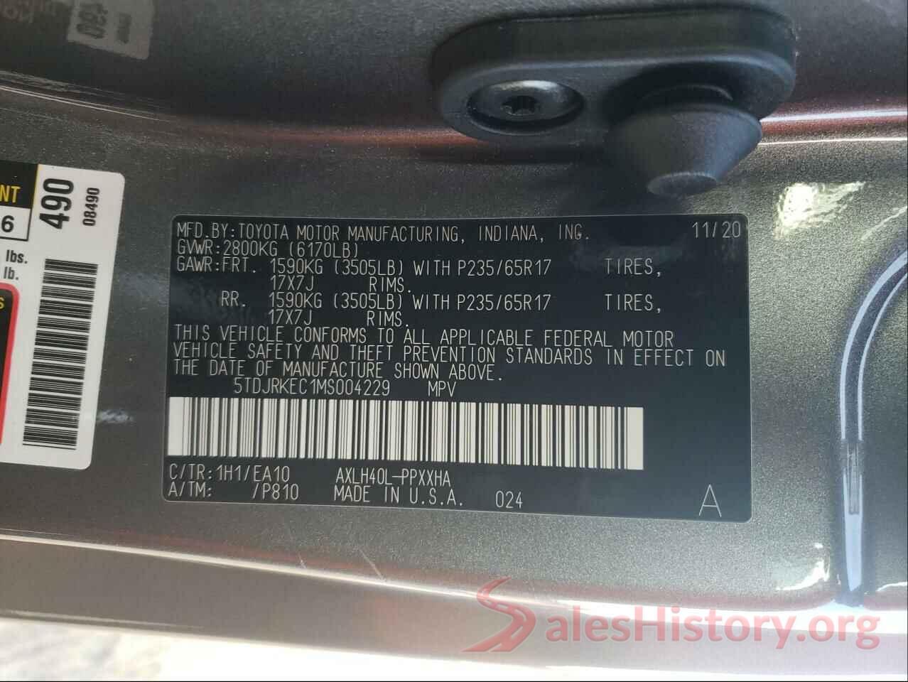 5TDJRKEC1MS004229 2021 TOYOTA SIENNA