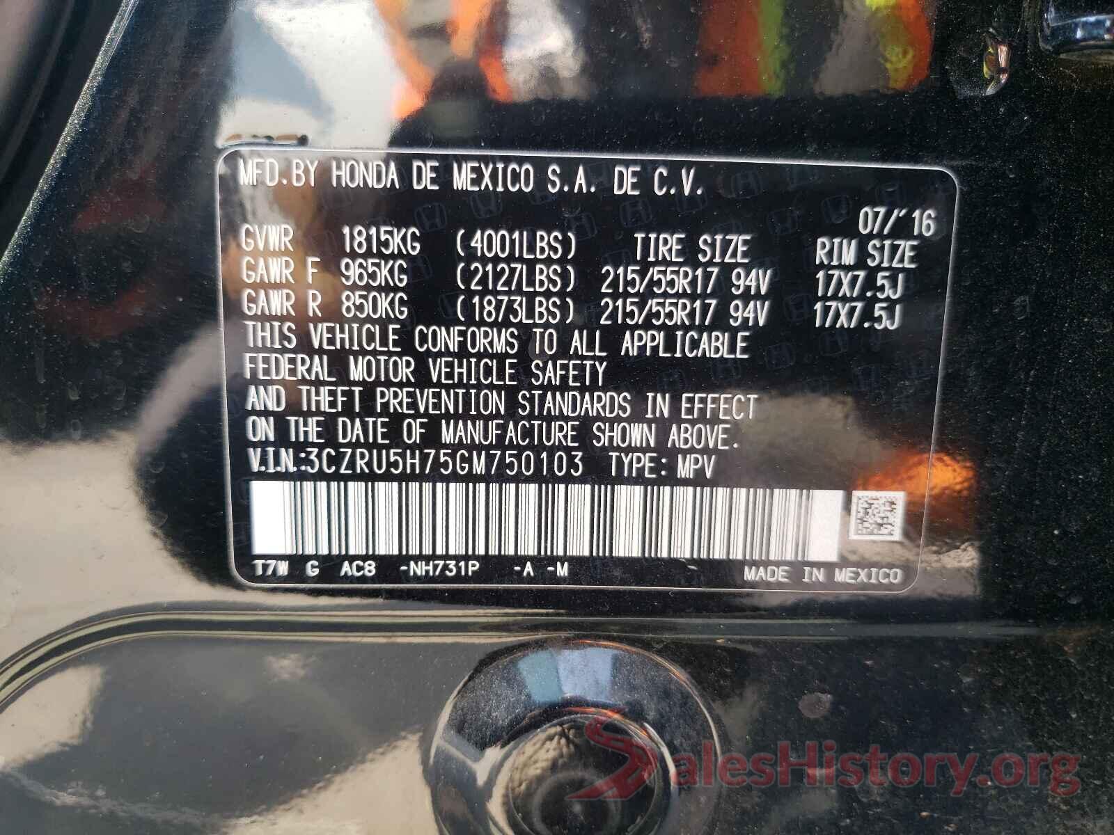 3CZRU5H75GM750103 2016 HONDA HR-V