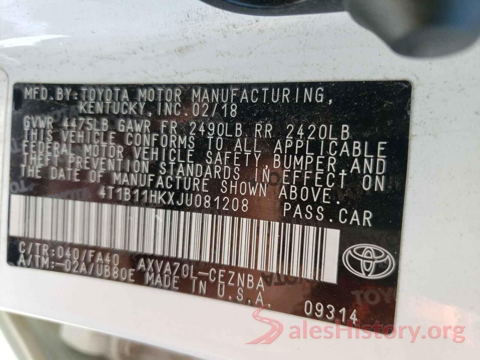 4T1B11HKXJU081208 2018 TOYOTA CAMRY