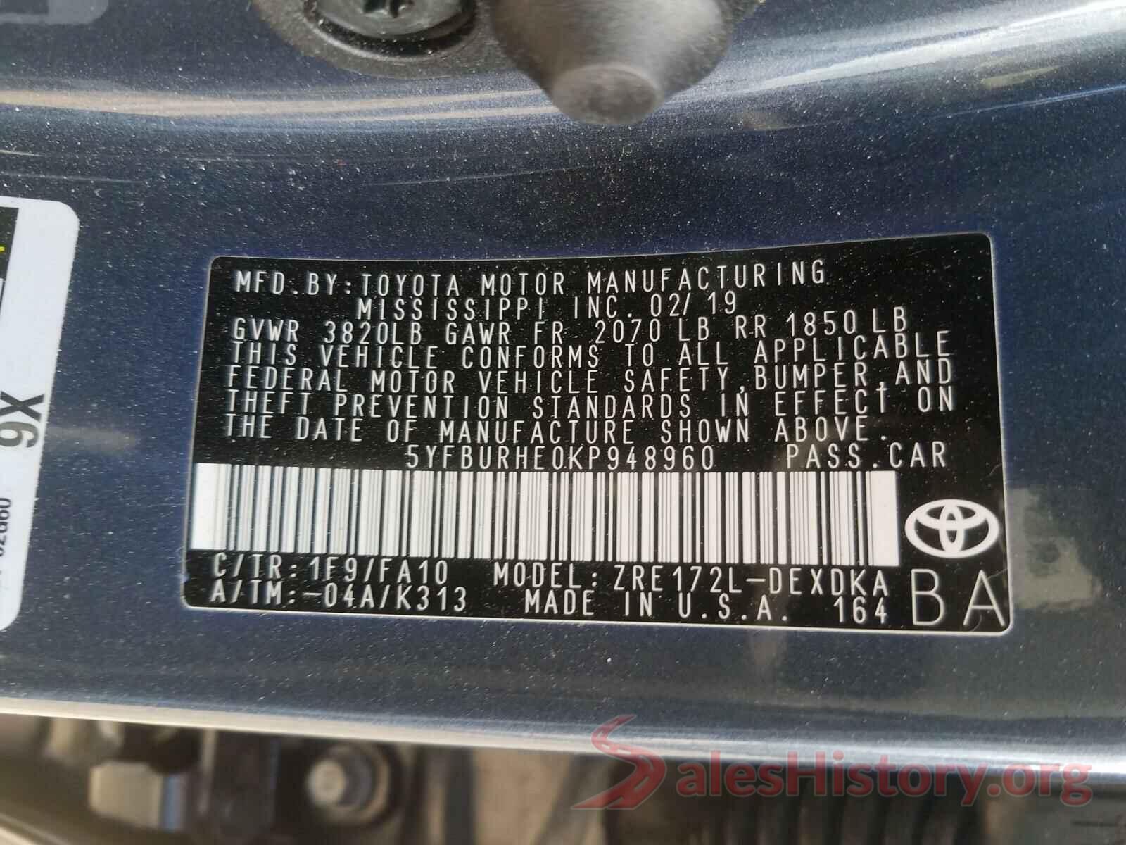 5YFBURHE0KP948960 2019 TOYOTA COROLLA