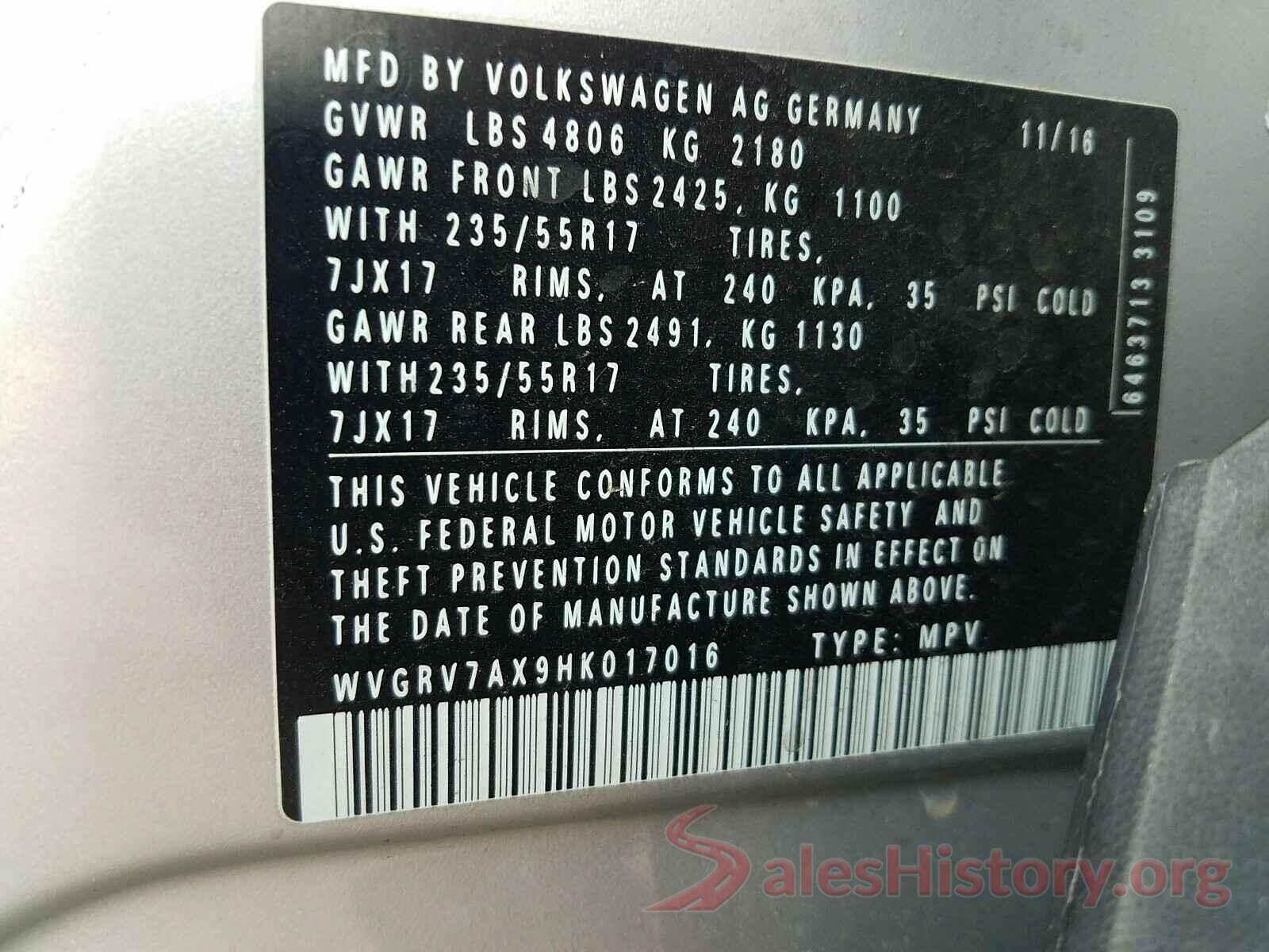 WVGRV7AX9HK017016 2017 VOLKSWAGEN TIGUAN