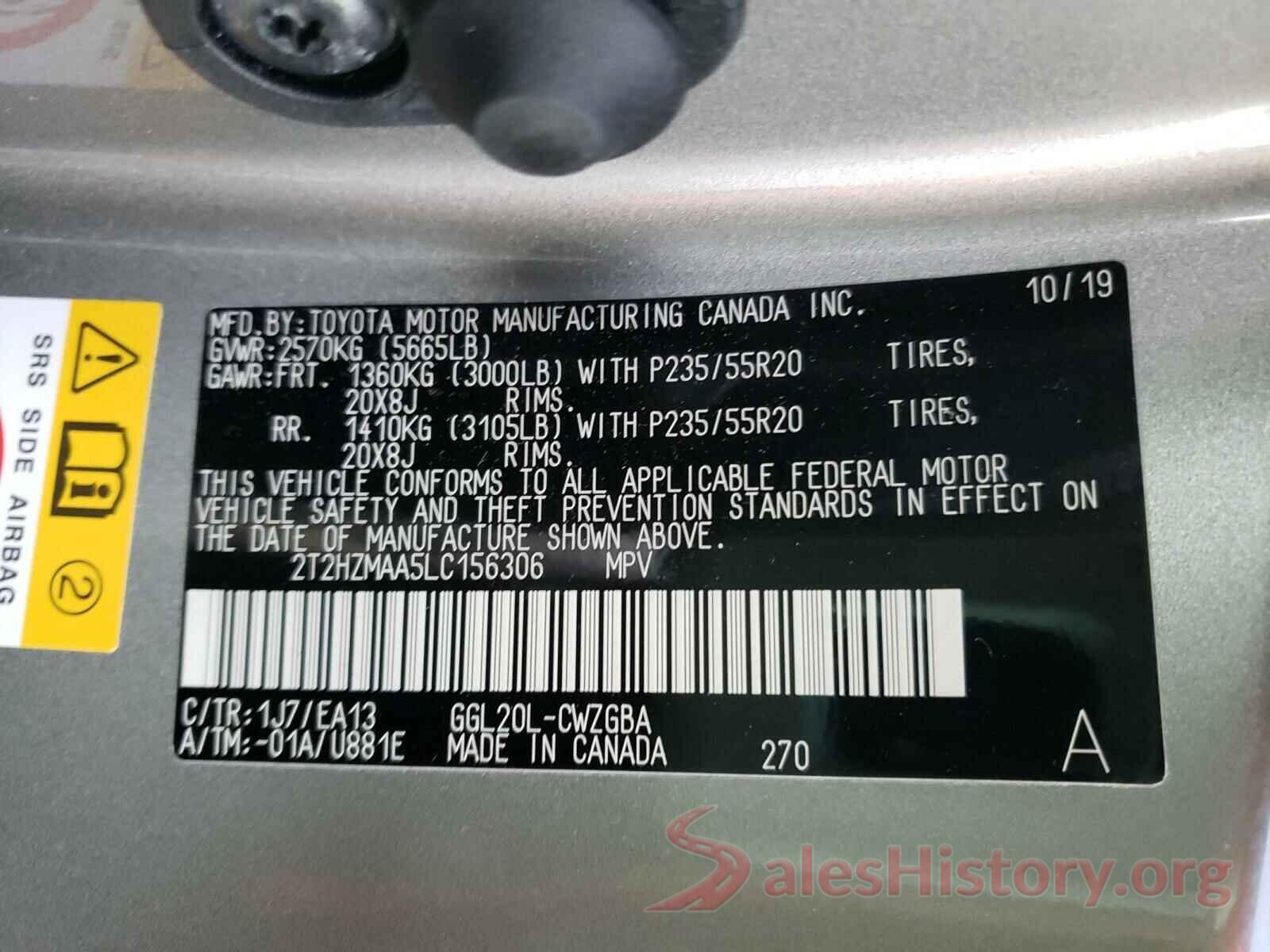 2T2HZMAA5LC156306 2020 LEXUS RX350