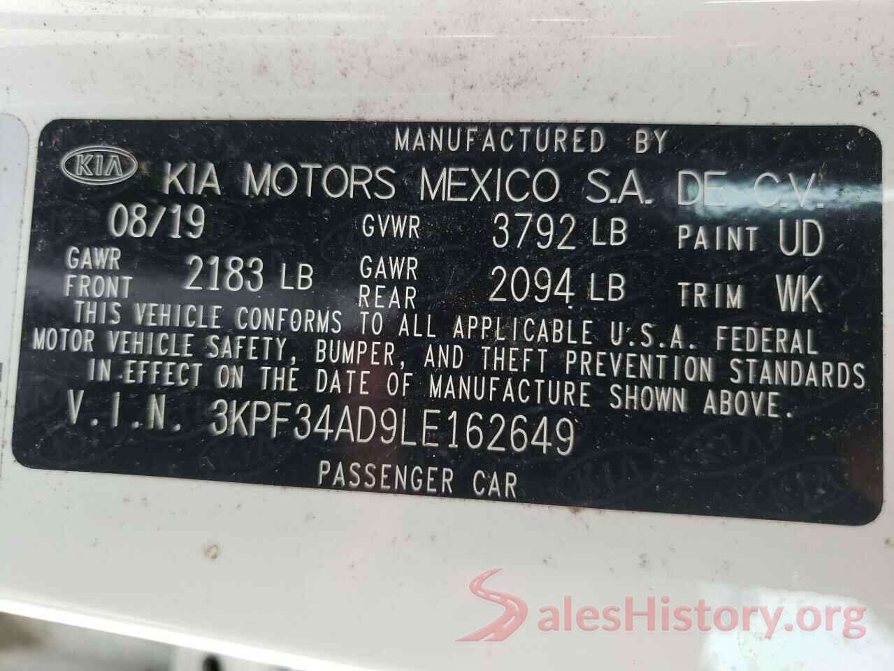 3KPF34AD9LE162649 2020 KIA FORTE