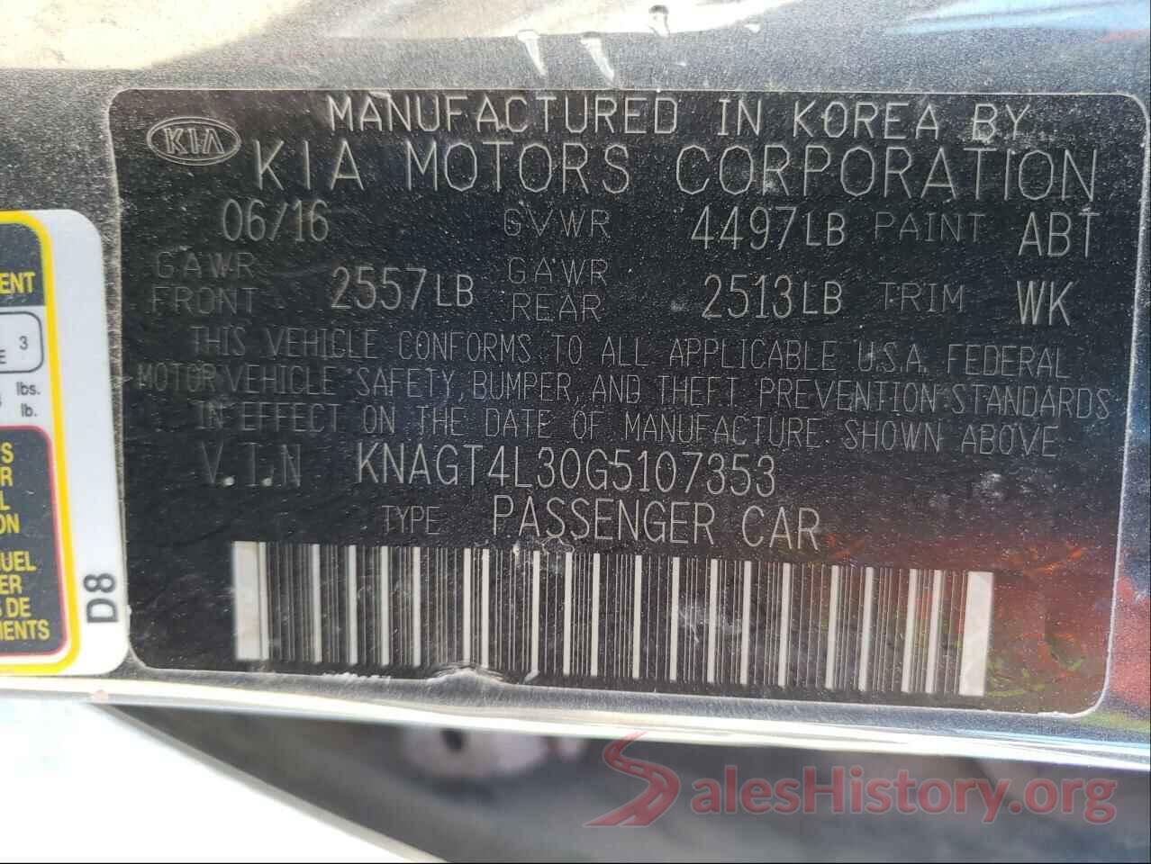 KNAGT4L30G5107353 2016 KIA OPTIMA