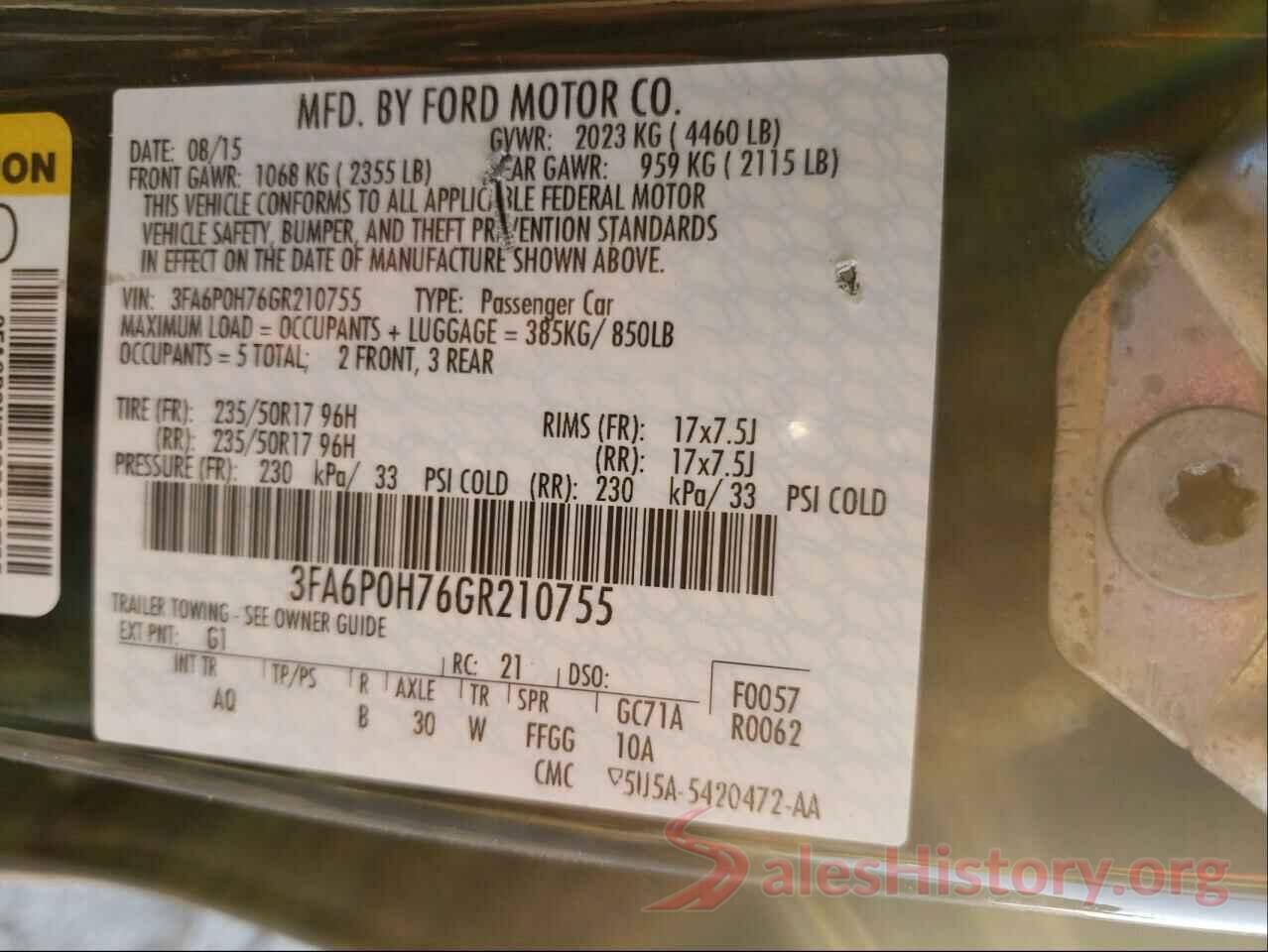 3FA6P0H76GR210755 2016 FORD FUSION