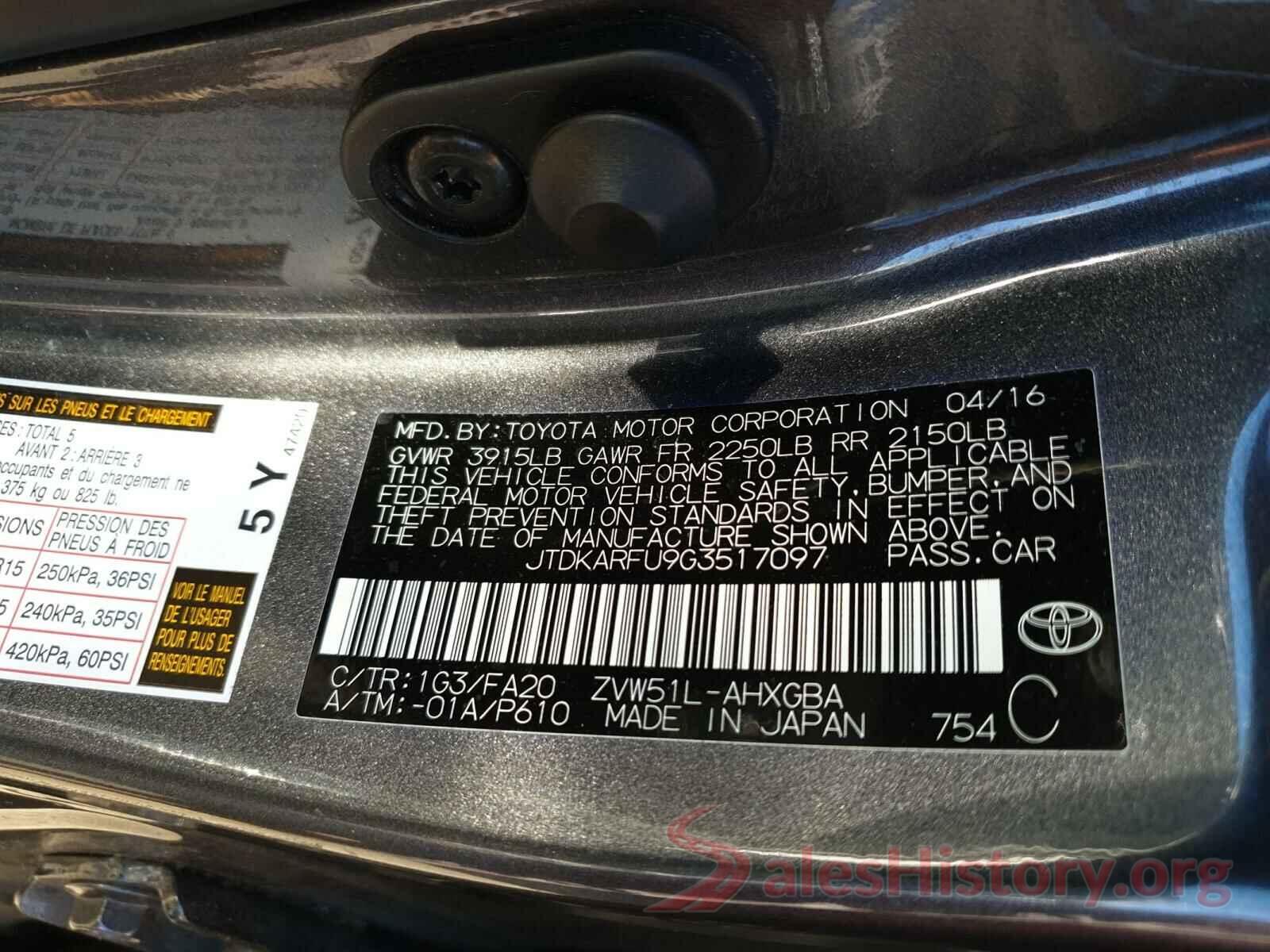 JTDKARFU9G3517097 2016 TOYOTA PRIUS