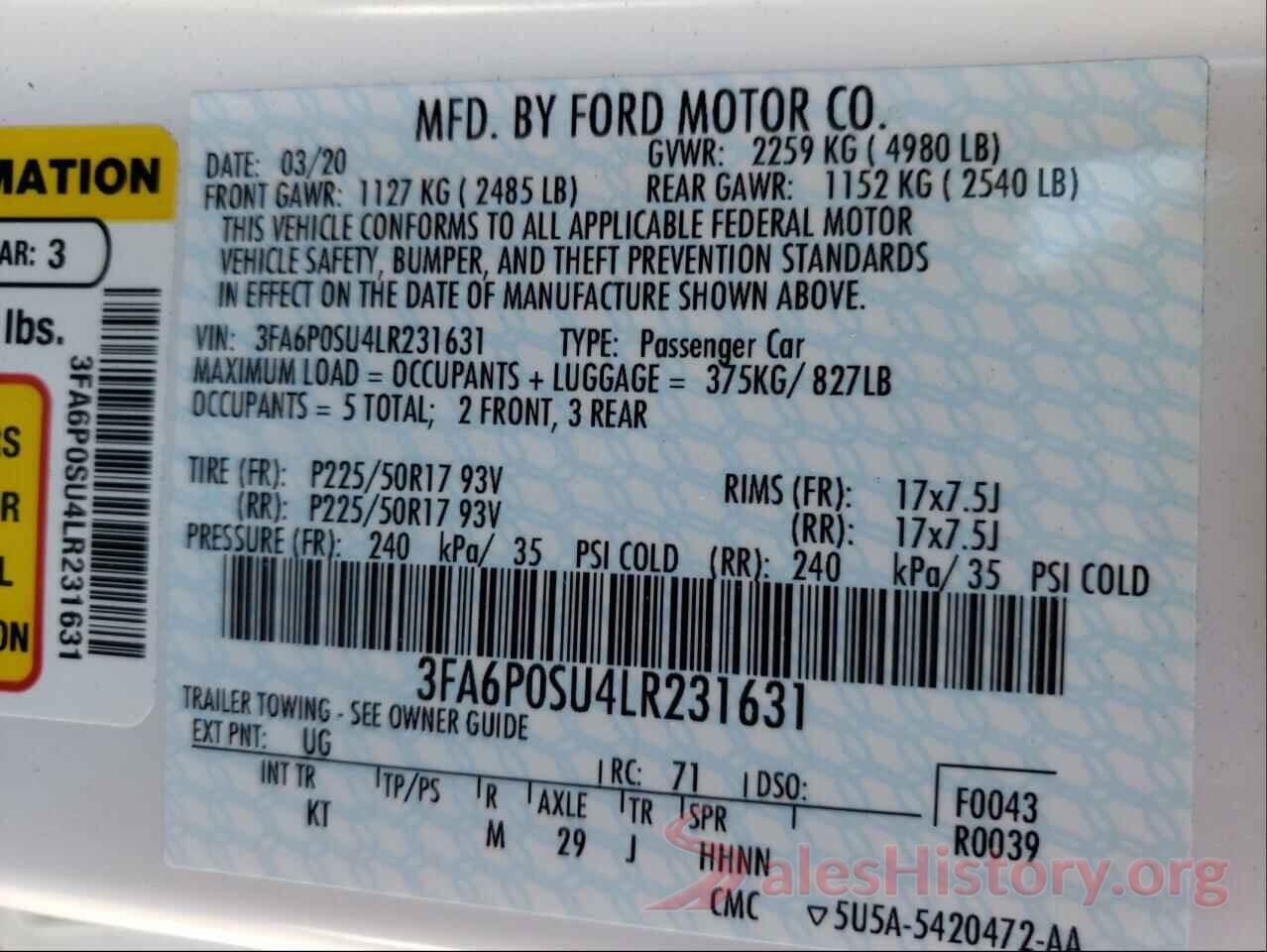 3FA6P0SU4LR231631 2020 FORD FUSION