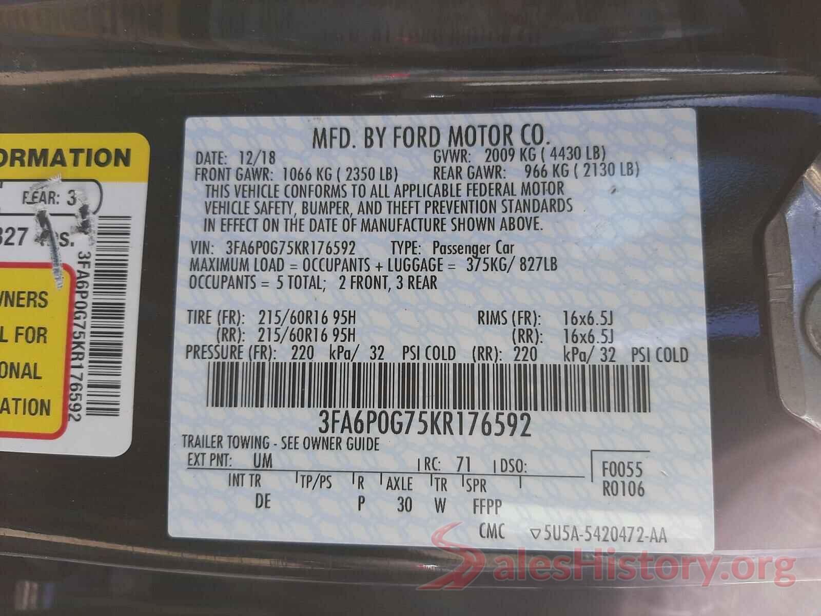 3FA6P0G75KR176592 2019 FORD FUSION