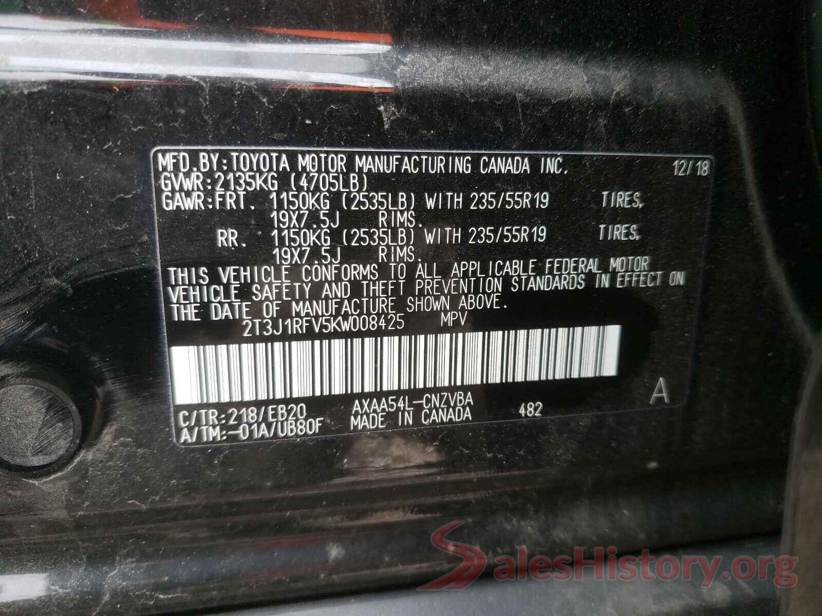 2T3J1RFV5KW008425 2019 TOYOTA RAV4