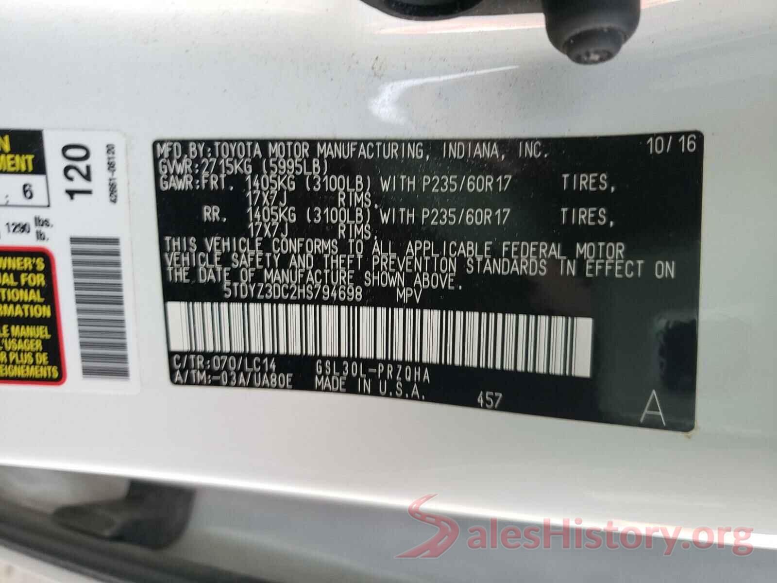 5TDYZ3DC2HS794698 2017 TOYOTA SIENNA