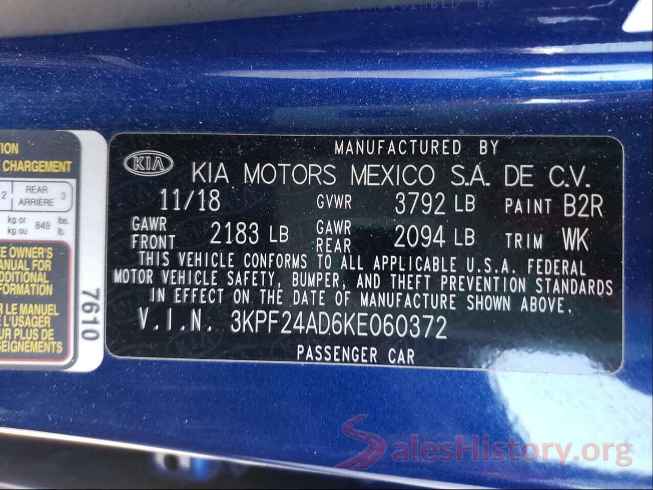 3KPF24AD6KE060372 2019 KIA FORTE