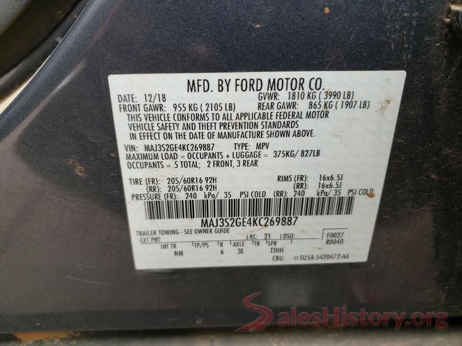 MAJ3S2GE4KC269887 2019 FORD ALL OTHER